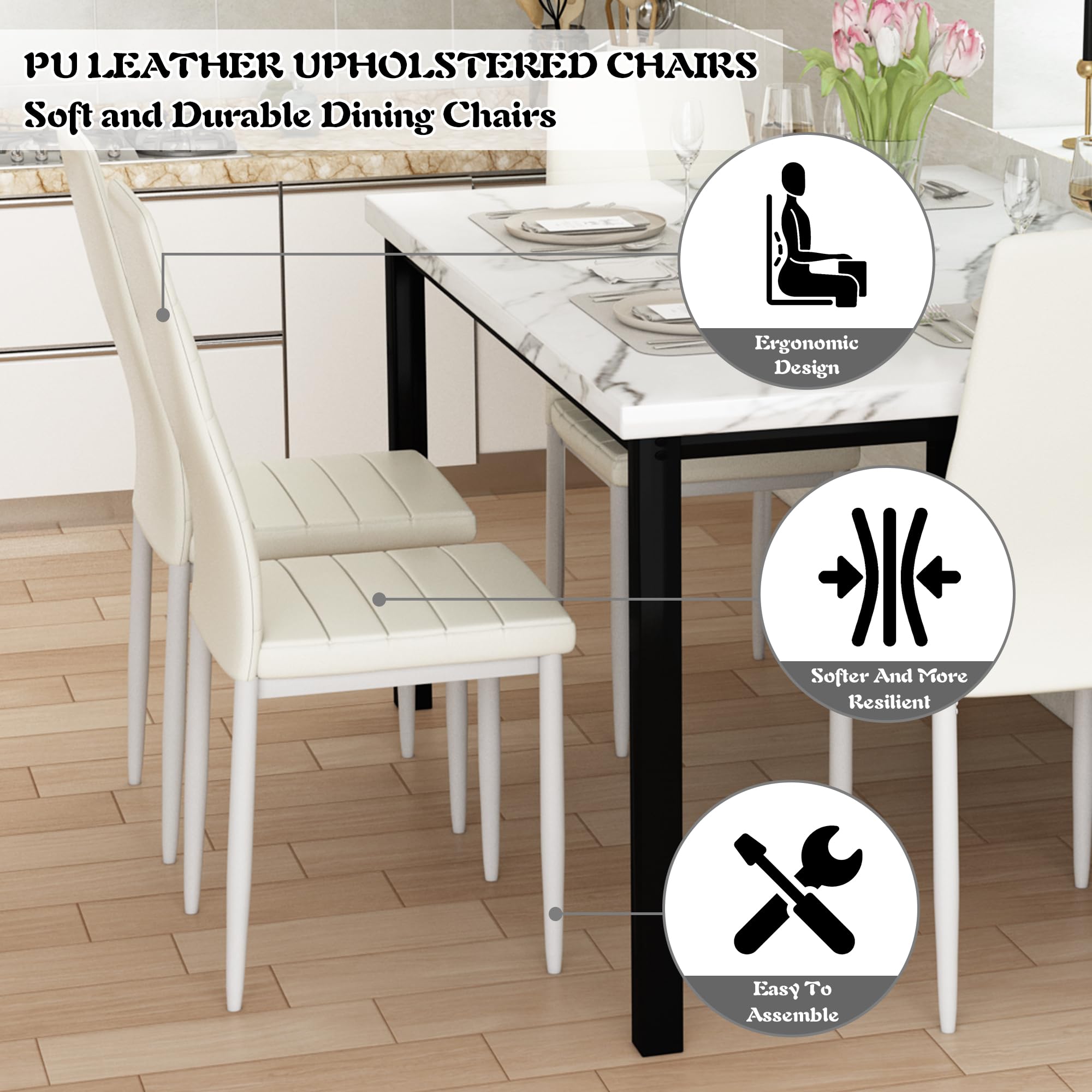 DKLGG 5-Piece Dining Table Set for 4 with PU Leather Chairs & Faux Marble Top - Space-Saving Kitchen Table Set for Small Homes & Apartments - Perfect for Family Meals, Dinner Parties & Compact Living Spaces