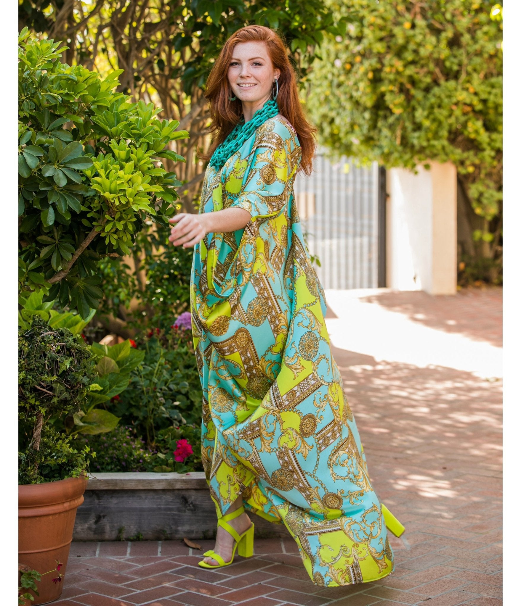 Jennafer Grace Blue & Green Boho Print Caftan Dress - Flowy Beach Cover Up, Summer Maxi Dress for Women, Perfect for Vacations, Pool Parties & Boho Fashion