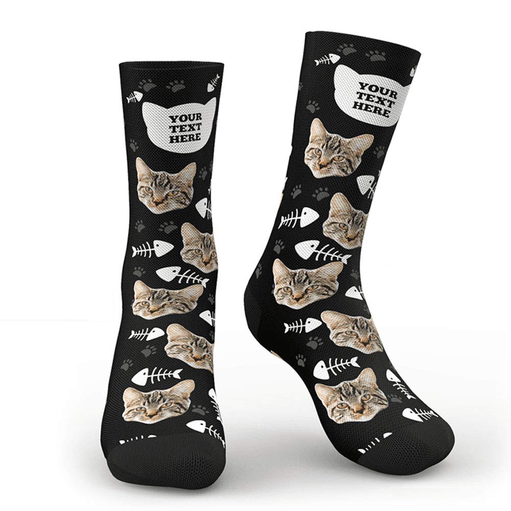 Custom Cat Face Socks with Personalized Photo & Name - Colorful Funny Crew Socks for Men & Women | Unique Gift Idea for Cat Lovers, Birthday Present, Christmas Stocking Stuffer