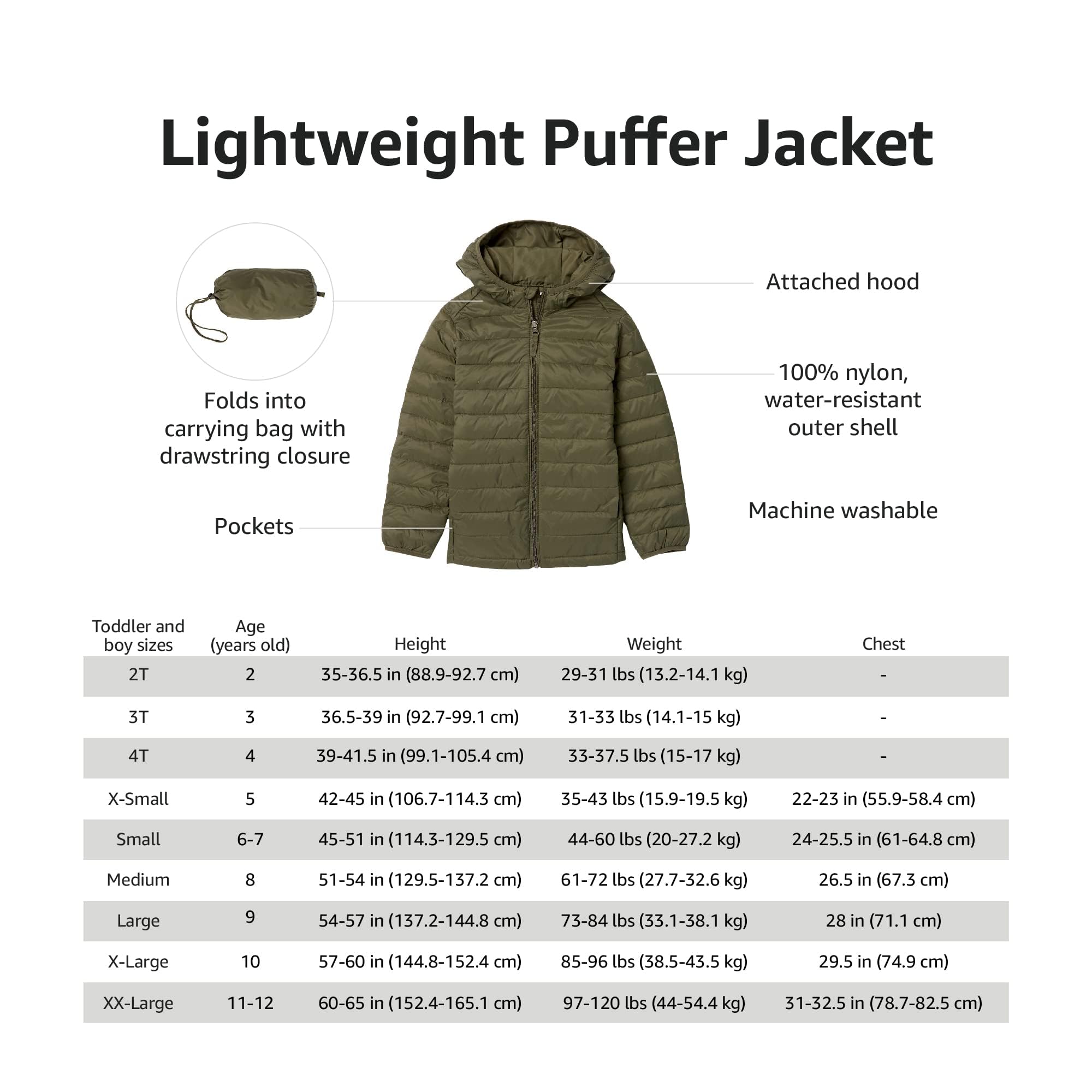 Amazon Essentials Lightweight Waterproof Foldable Puffer Jacket for Kids & Teens - Perfect for School, Outdoor Play & Cold Weather Adventures