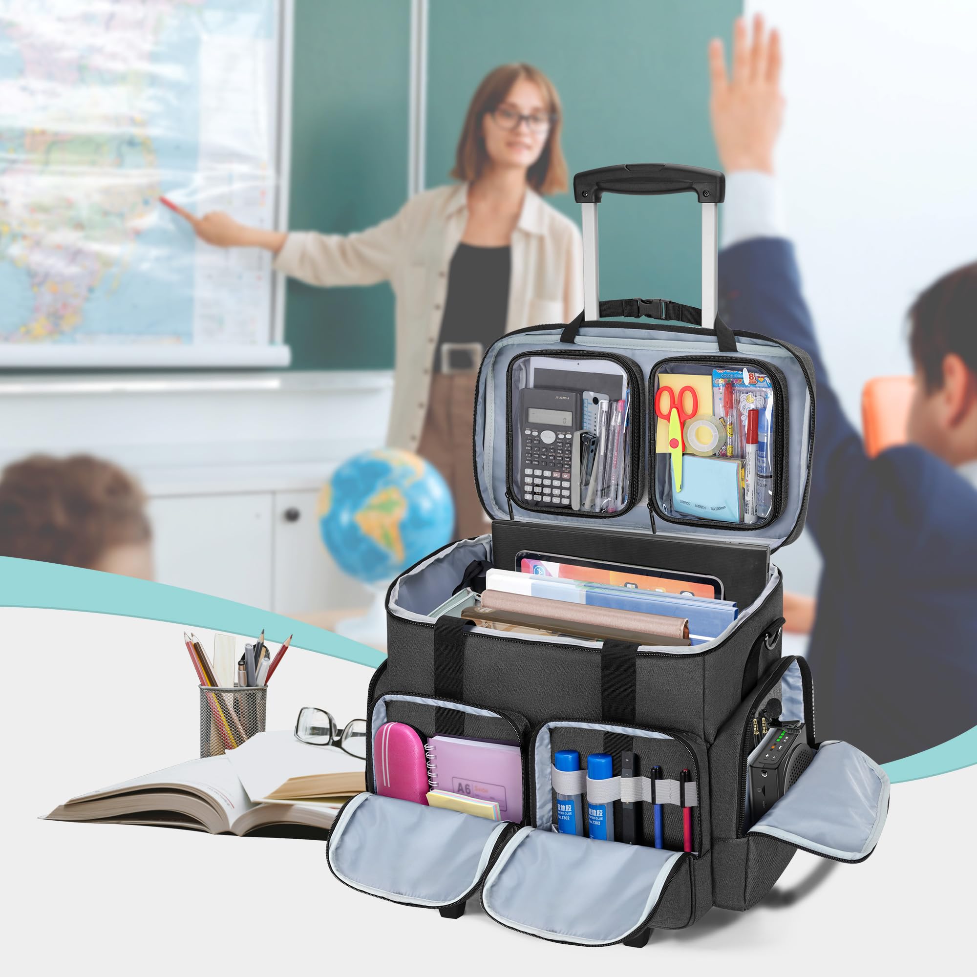CURMIO Rolling Teacher Tote Bag with Padded Laptop Compartment for 15.6 Inch Laptop - Wheeled Teacher Bag for Teaching, Office, Craft & Travel - Durable Black Work Tote for Educators, Professionals & Commuters