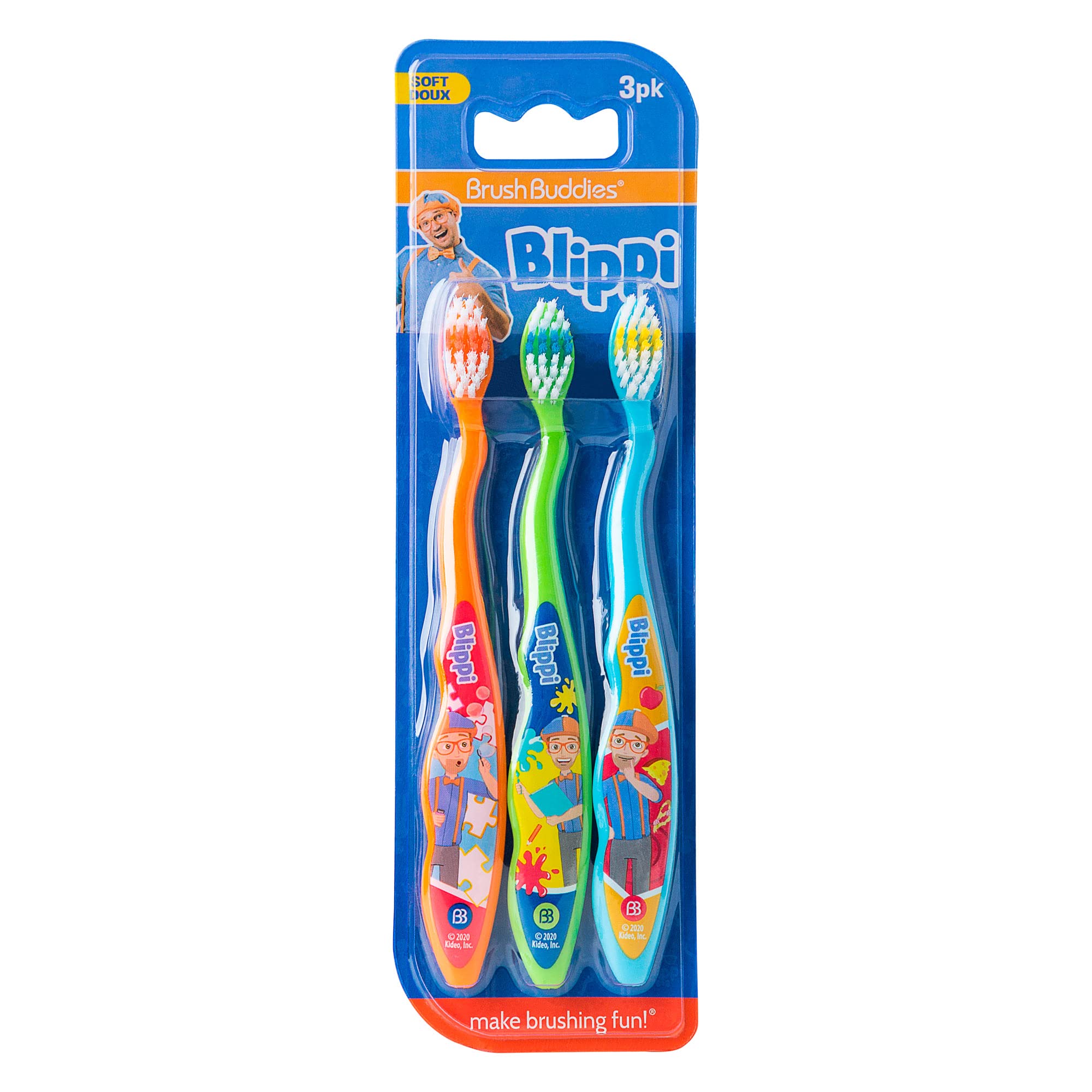 Blippi Kids Toothbrushes for Toddlers 2-4 Years - Soft Bristle Manual Toothbrush Set of 3 - Fun & Safe Brushing for Children - Perfect for Home, Travel & School