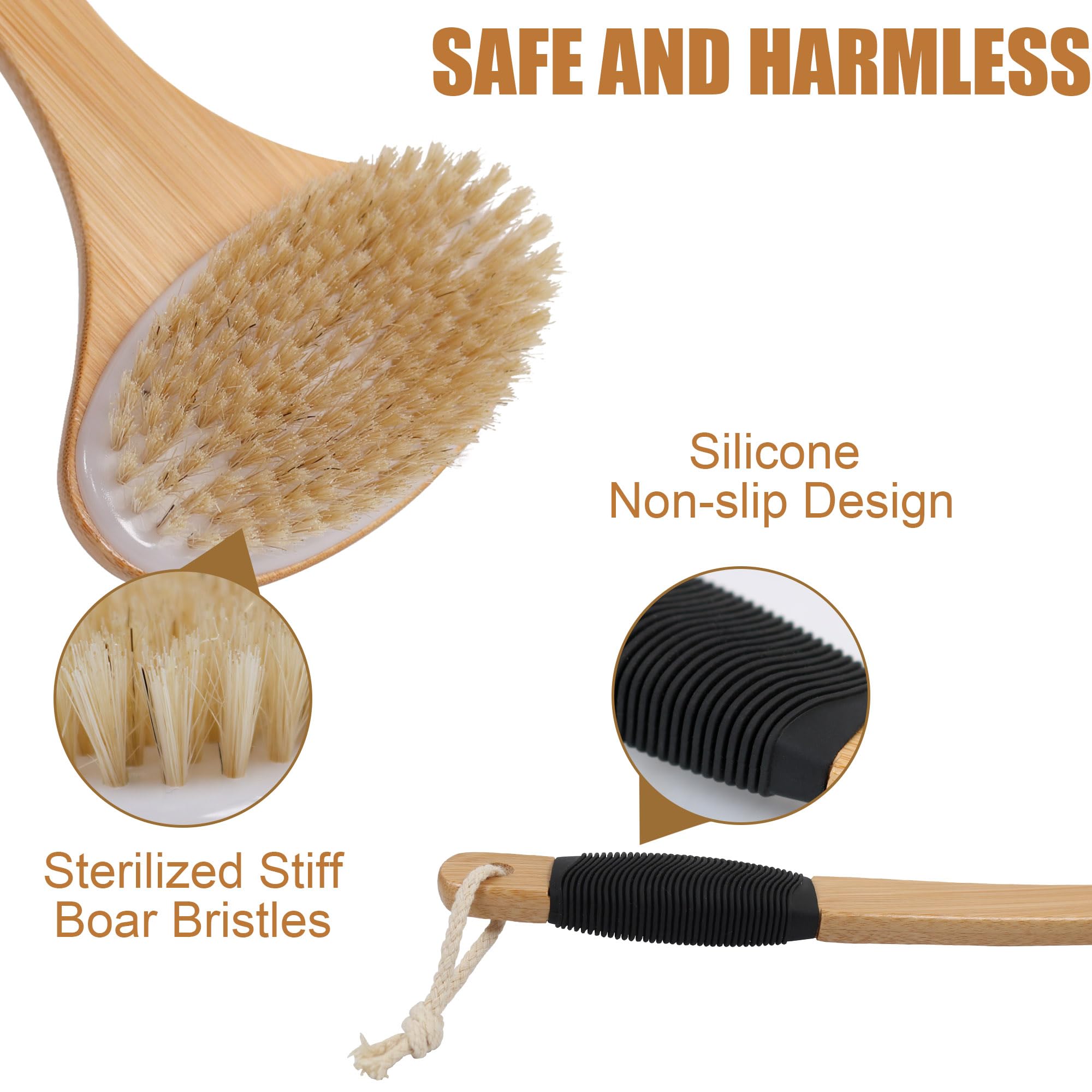OWIIZI Back Scrub Brush for Shower - Stiff Boar Bristles & Bamboo Long Handle Body Brush for Wet/Dry Use | Deep Cleansing Back Scrubber with Anti-Slip Grip | Perfect for Hard-to-Reach Areas & Exfoliation in Bath or Shower