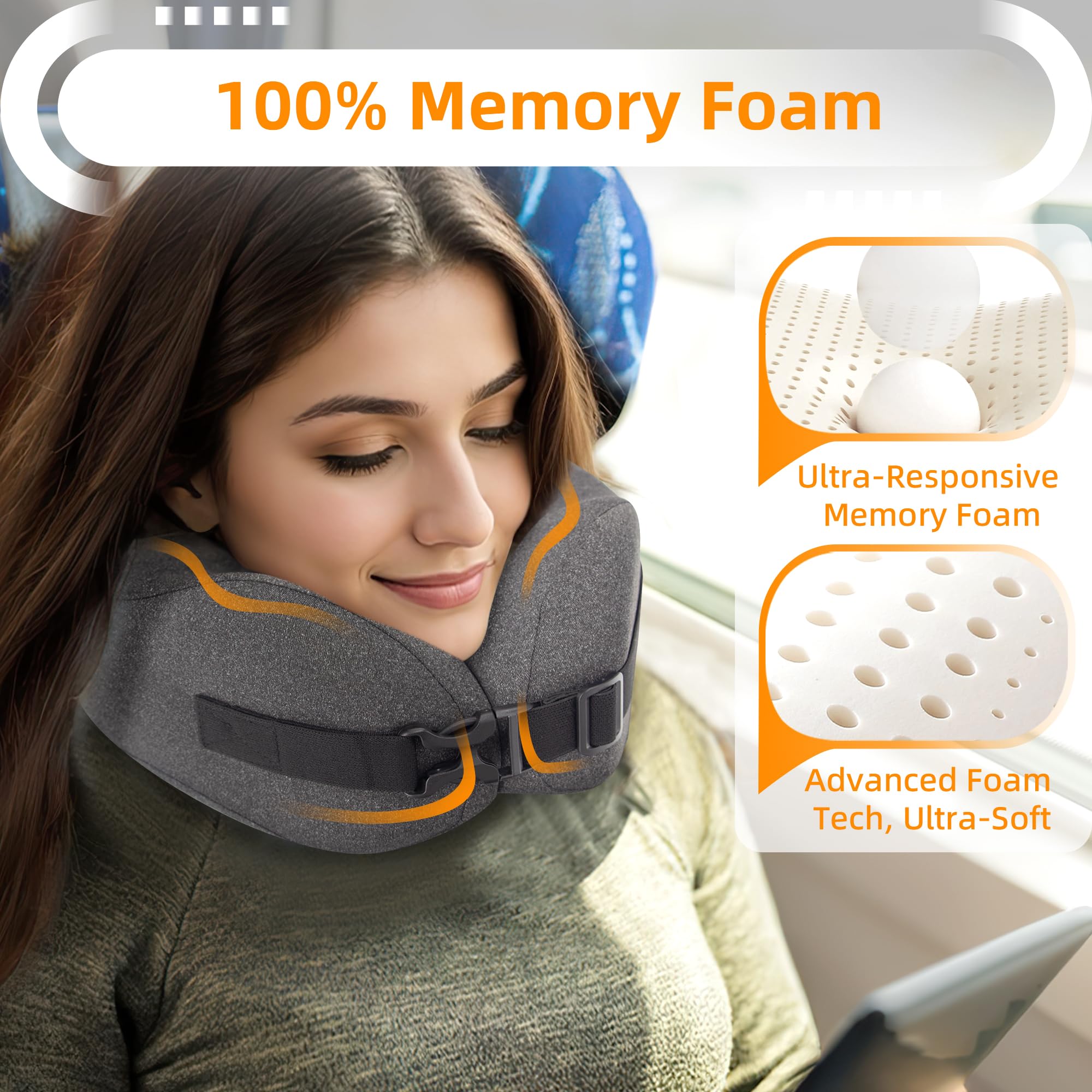Memory Foam Travel Neck Pillow for Airplane Sleeping - 3D Contoured Support with Eye Mask & Earplugs - Long Flight Essentials Set in Gray - Perfect for Business Trips, Redeye Flights & Road Trips
