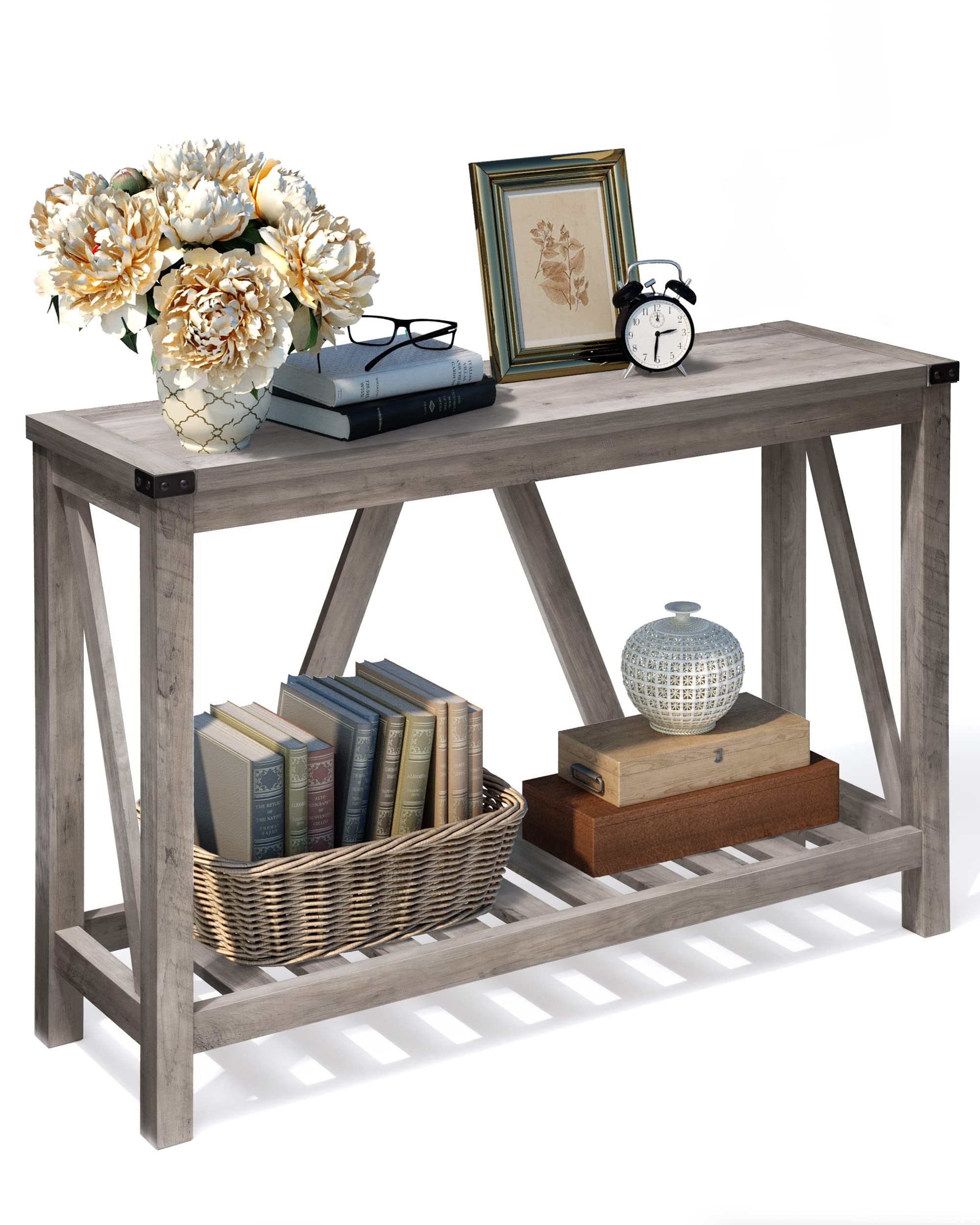 Farmhouse Style Wooden Entryway Console Table with Shelves - Rustic Sofa Table for Living Room, Hallway & Foyer - Perfect for Home Decor, Storage & Display