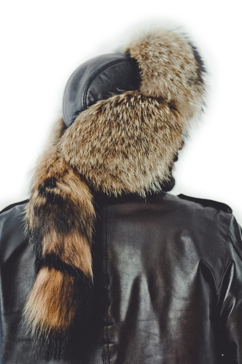 Men's Genuine Leather & Fur Trapper Hat with Tail - Russian Ushanka Winter Hat for Extreme Cold - Hunting, Skiing & Outdoor Activities
