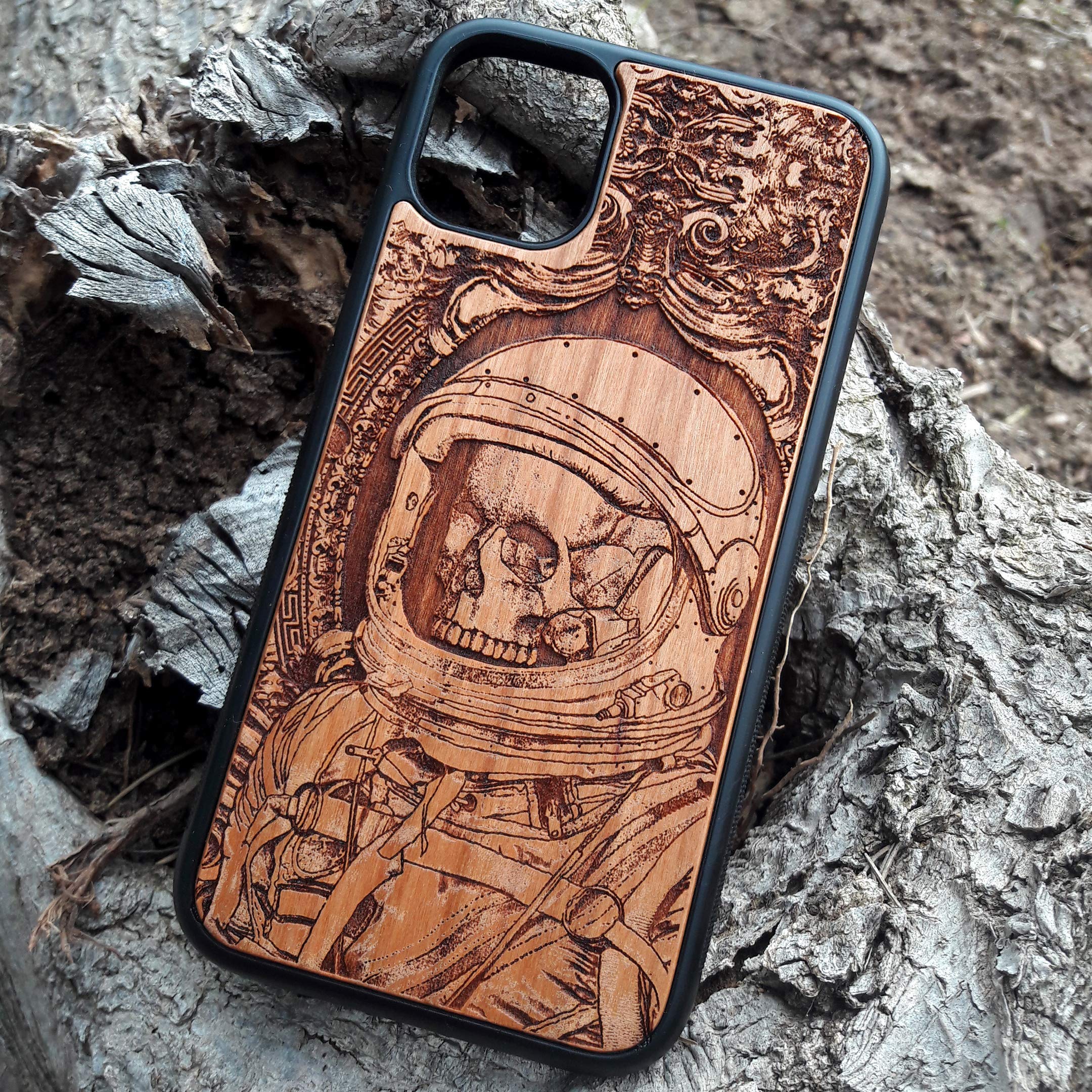 Astronaut Skull Laser Engraved Wooden Phone Case for iPhone 16/15/14/13/12/11 Pro Max Mini & Galaxy S25/S24/S23/S22/S21/S20 Ultra Plus - Eco-Friendly Slim Durable Wood Cover - Perfect for Daily Use, Travel & Gift Giving