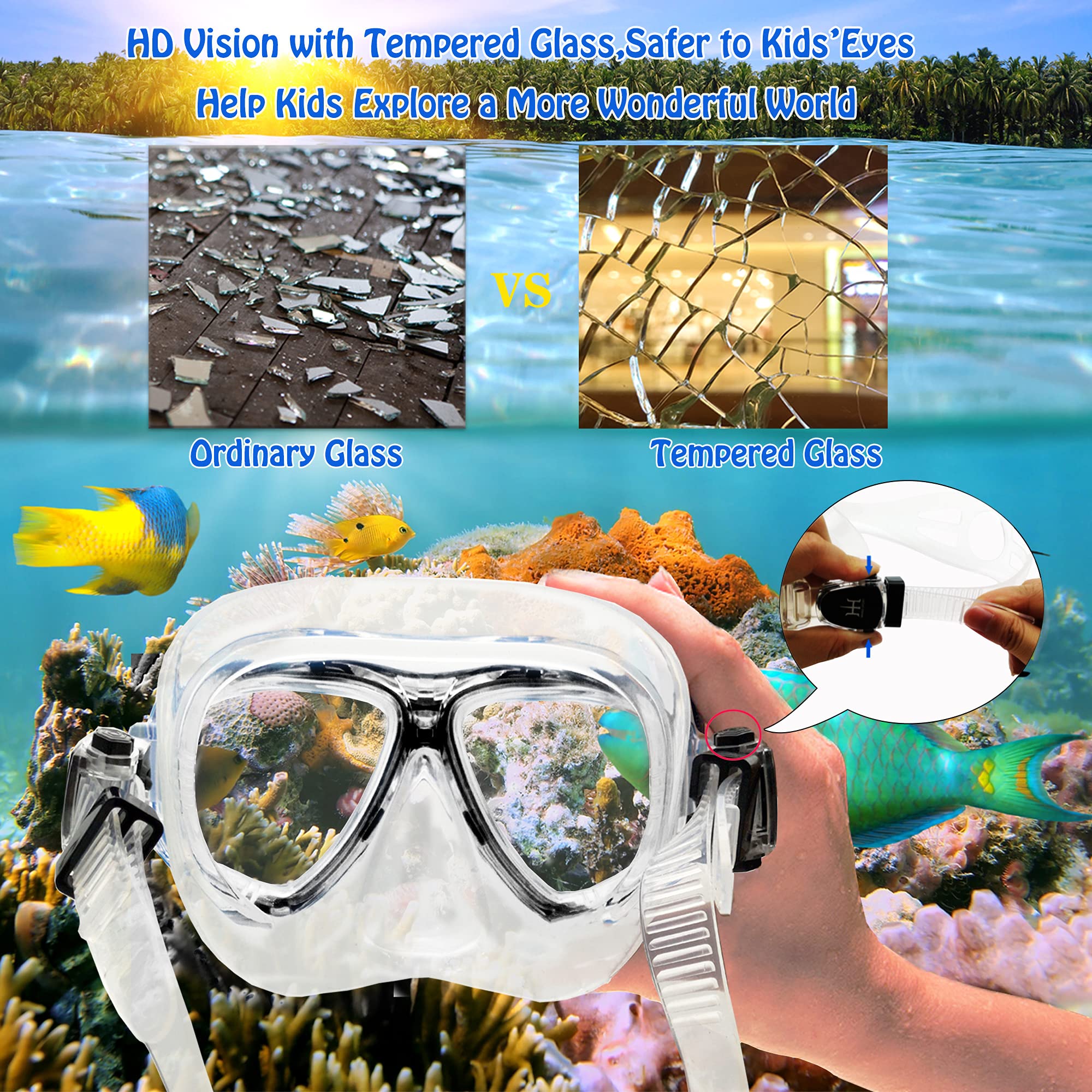 **Kids Snorkel Set - Adjustable Diving Mask, Snorkel & Swim Fins with Anti-Fog & Anti-Leak Design - Complete Snorkeling Gear for Children - Perfect for Pool, Beach & Ocean Adventures**