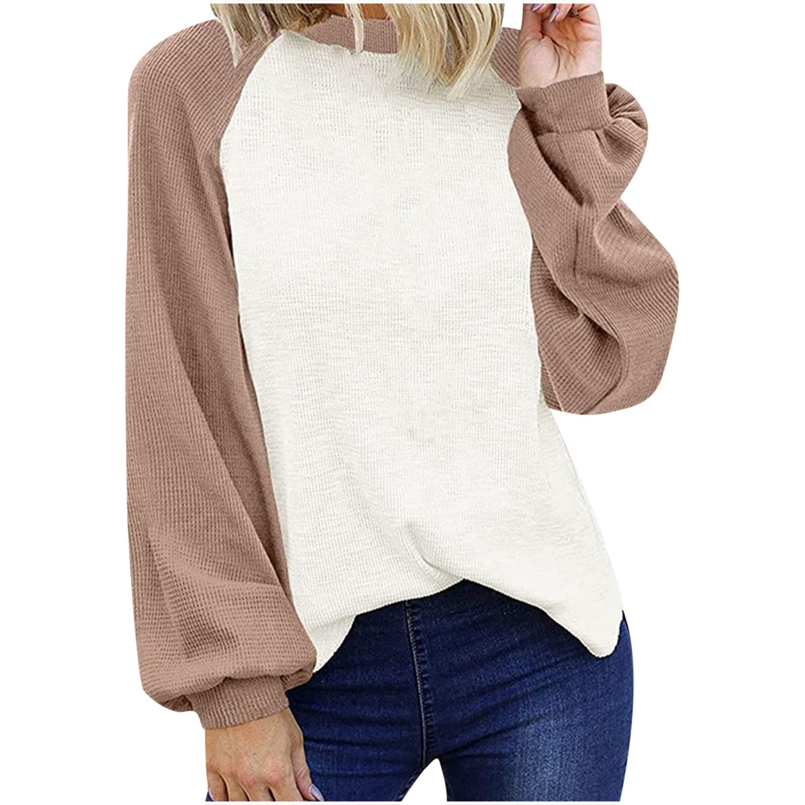 Women's Waffle Knit Long Sleeve Shirt - 2021 Fall Fashion Casual Color Block Blouse, Loose Fit Tunic Top to Hide Belly | Perfect for Autumn Layering, Weekend Outfits & Comfortable Daily Wear