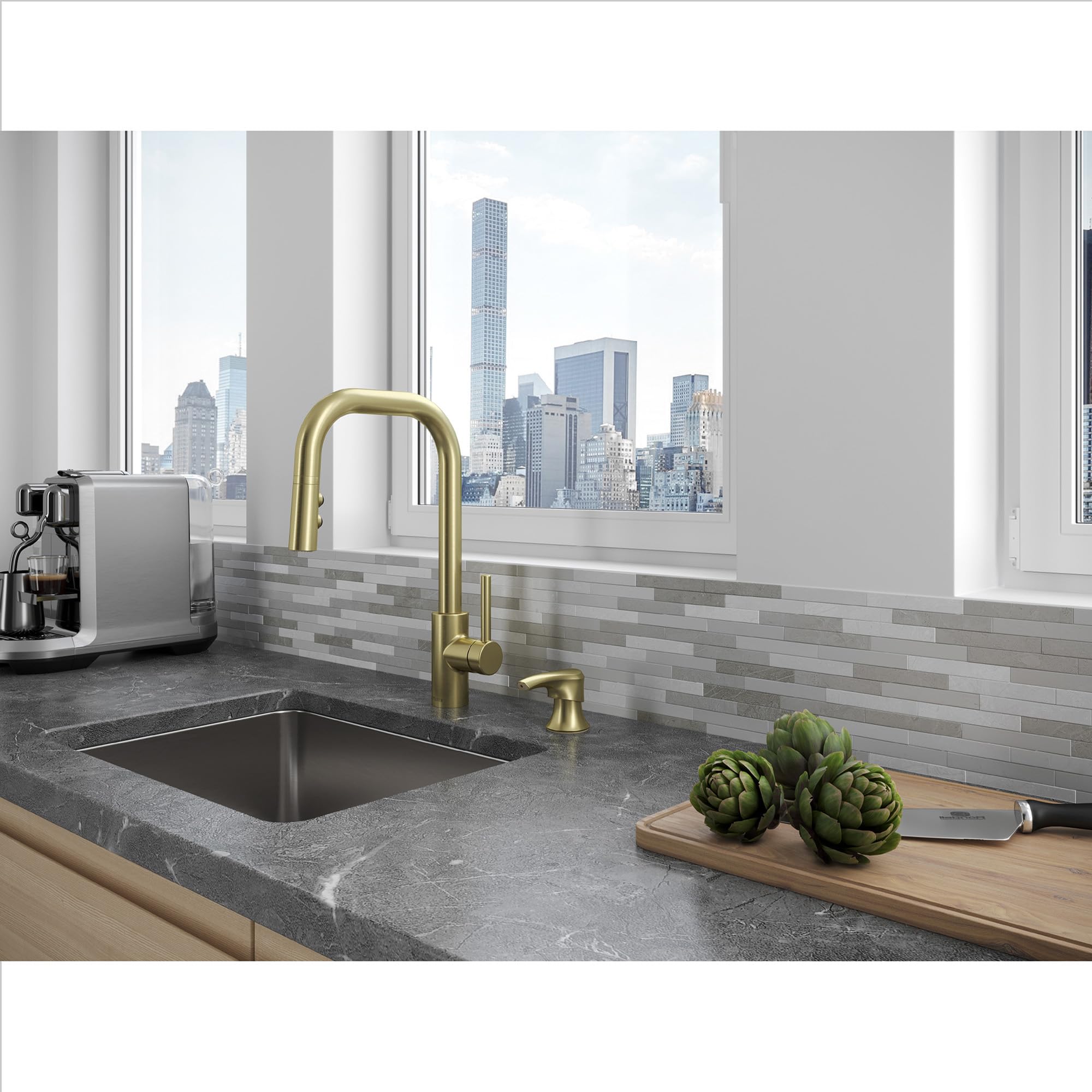 Pfister Zanna Single Handle High Arc Pull Down Kitchen Faucet with Soap Dispenser - Brushed Gold Finish (Model F5297ZNRBG) - Perfect for Modern Farmhouse & Contemporary Kitchen Sinks