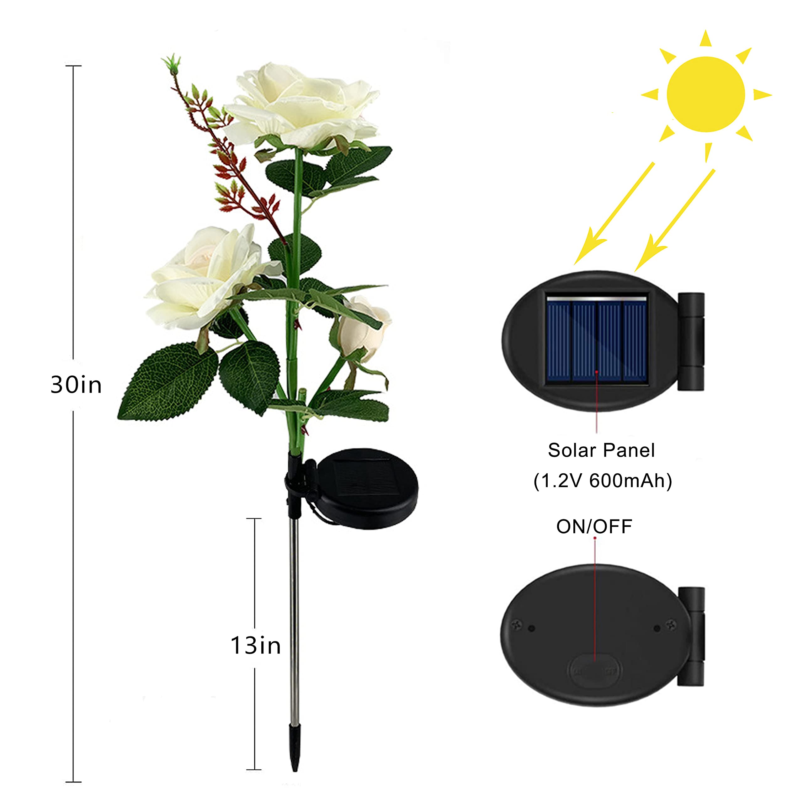 2 Pack Solar Rose Garden Lights - Realistic Solar Flower Lights with Waterproof LED for Patio, Pathway, Grave & Cemetery Decor (White) | Perfect for Outdoor Landscape Lighting & Nighttime Ambiance