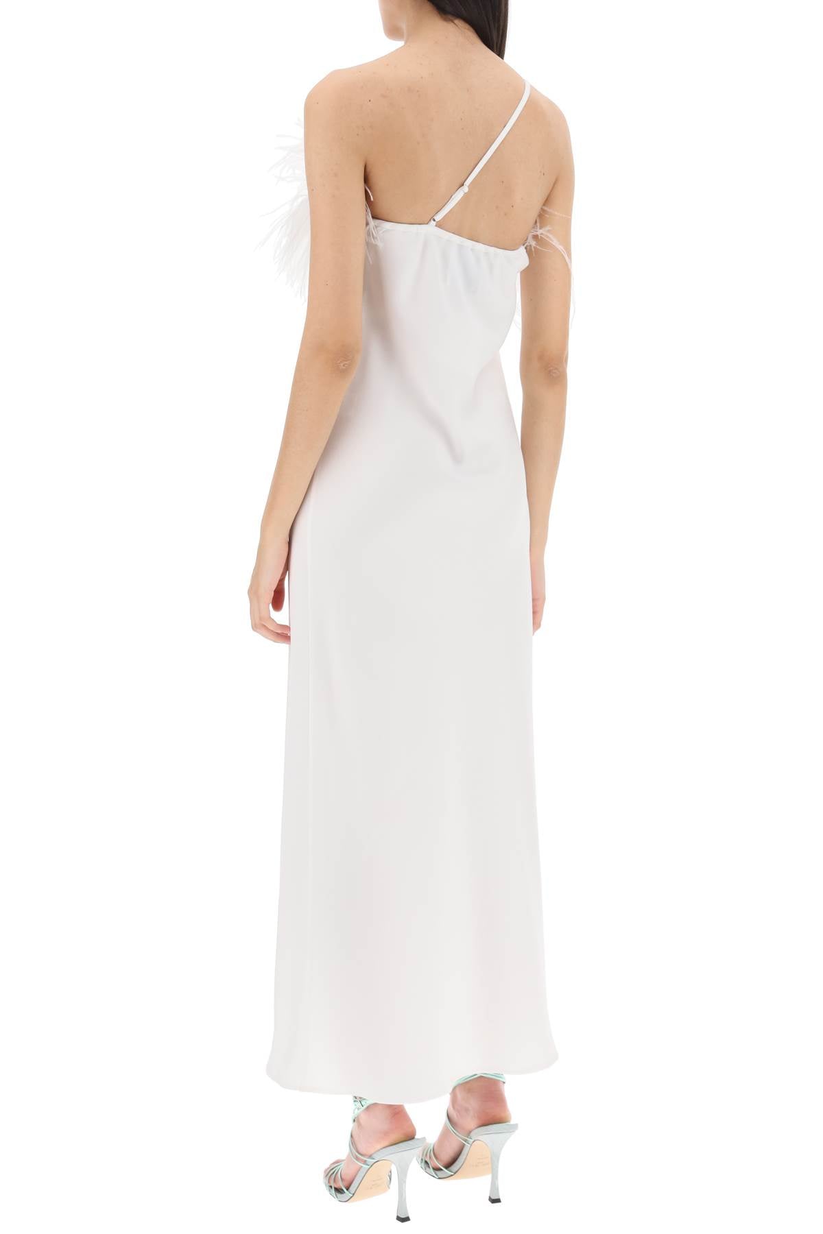 Ember Satin Maxi Dress with Feathers - Elegant Long Evening Gown for Parties, Weddings & Special Occasions