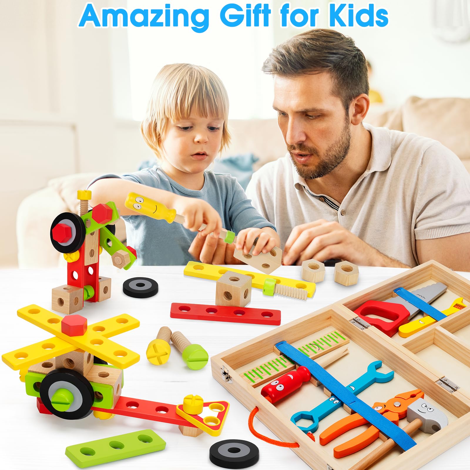 LACCHOUFEE 43-Piece Wooden Kids Tool Set - STEM Montessori Learning Toy for 3-5 Year Old Boys & Girls, Educational Construction Building Kit with Storage Box | Perfect for Birthday Gifts, Pretend Play & Early Childhood Development