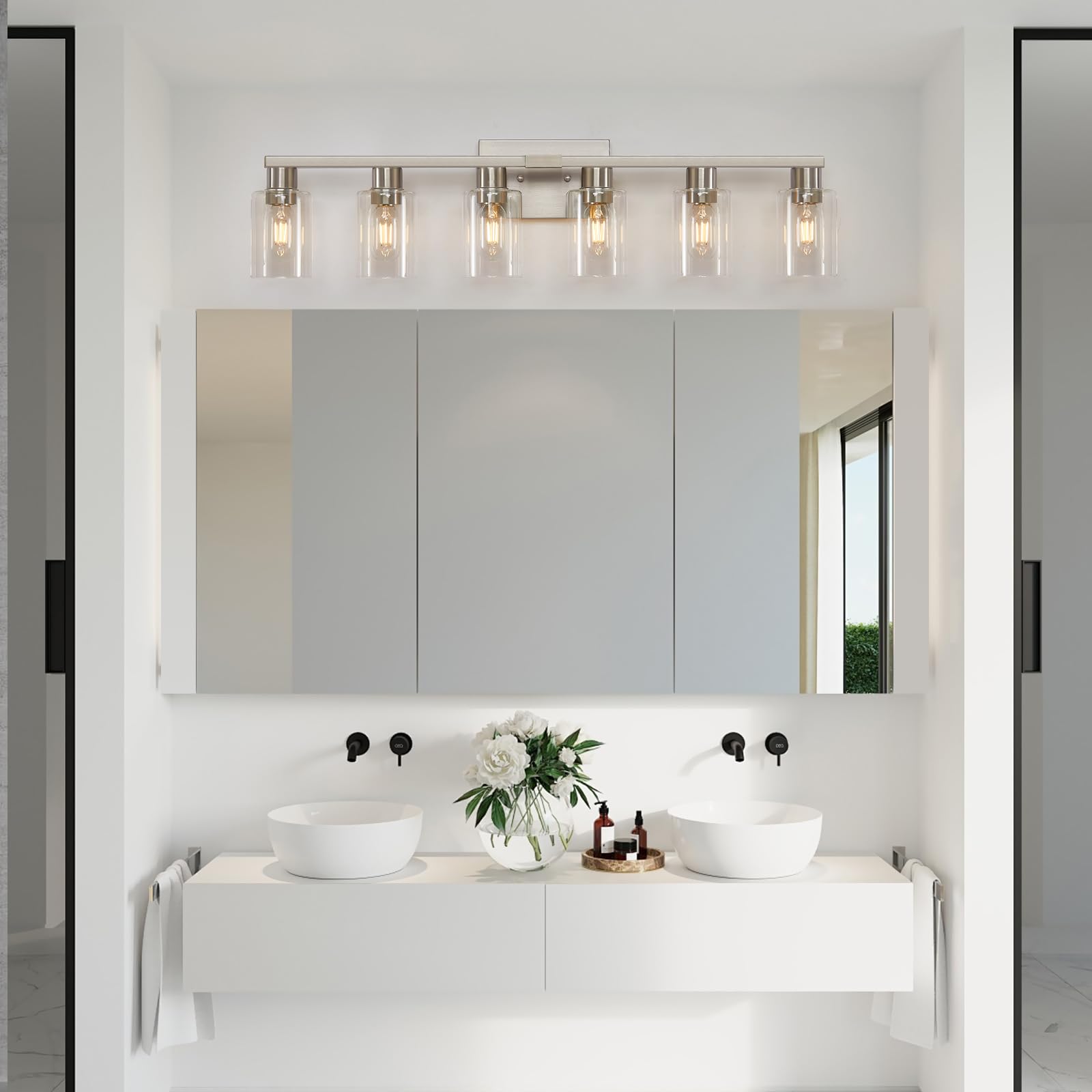 6-Light Brushed Nickel Bathroom Vanity Light Fixture - Modern Wall Sconce with Clear Glass Shade for Mirror Lighting - Perfect for Master Bath, Powder Room & Spa-Style Decor