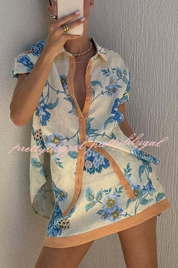 Giselle Linen Blend Floral Print Short Sleeve Shirt & Zipper Mini Skirt Set - Women's Casual Summer Outfit for Beach, Vacation & Date Night