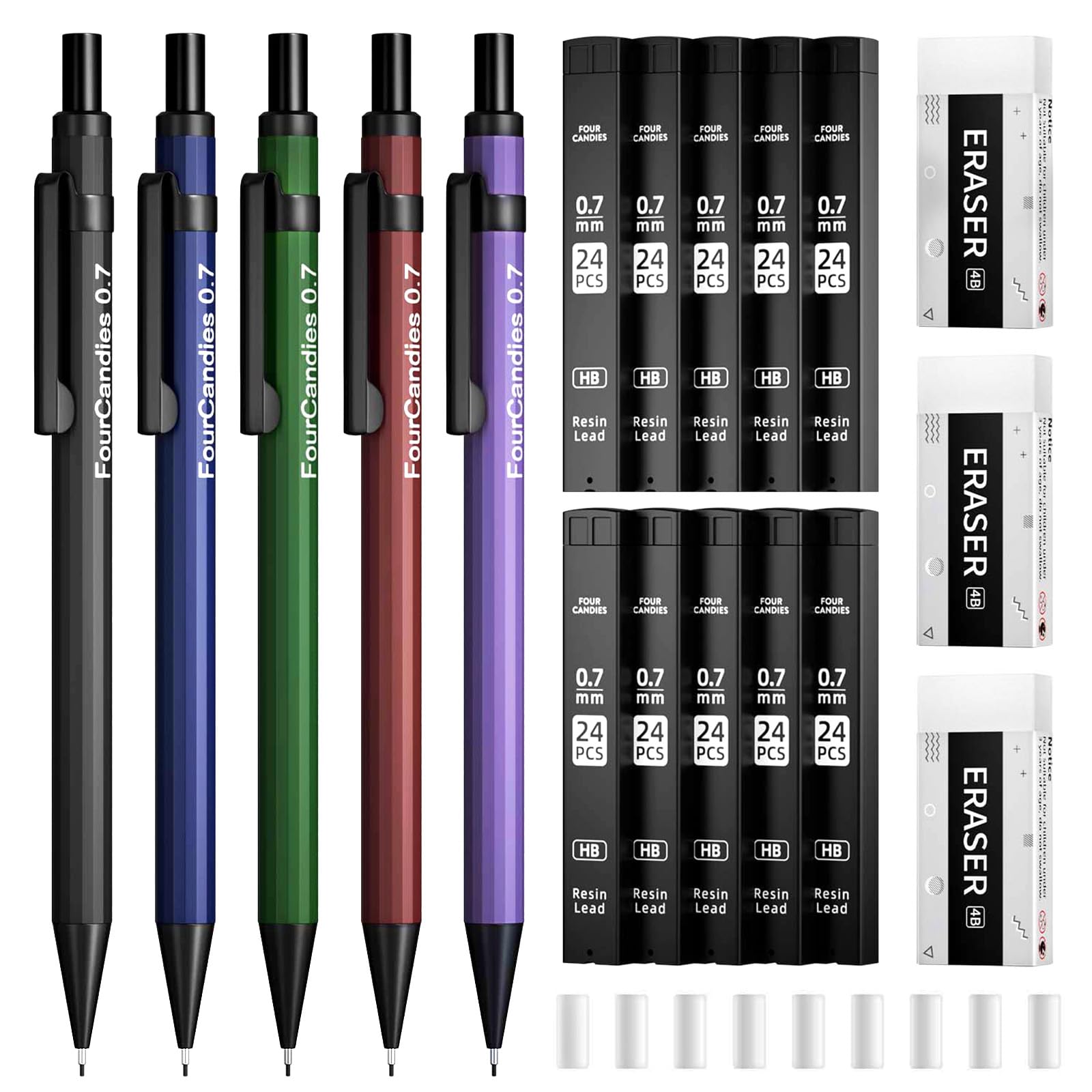0.7mm Four Candies Metal Mechanical Pencils with #2 Leads - 19-Piece Set Includes Erasers, Refills & Case - Premium Writing & Drawing Tools for School, Office, Sketching & Art Projects