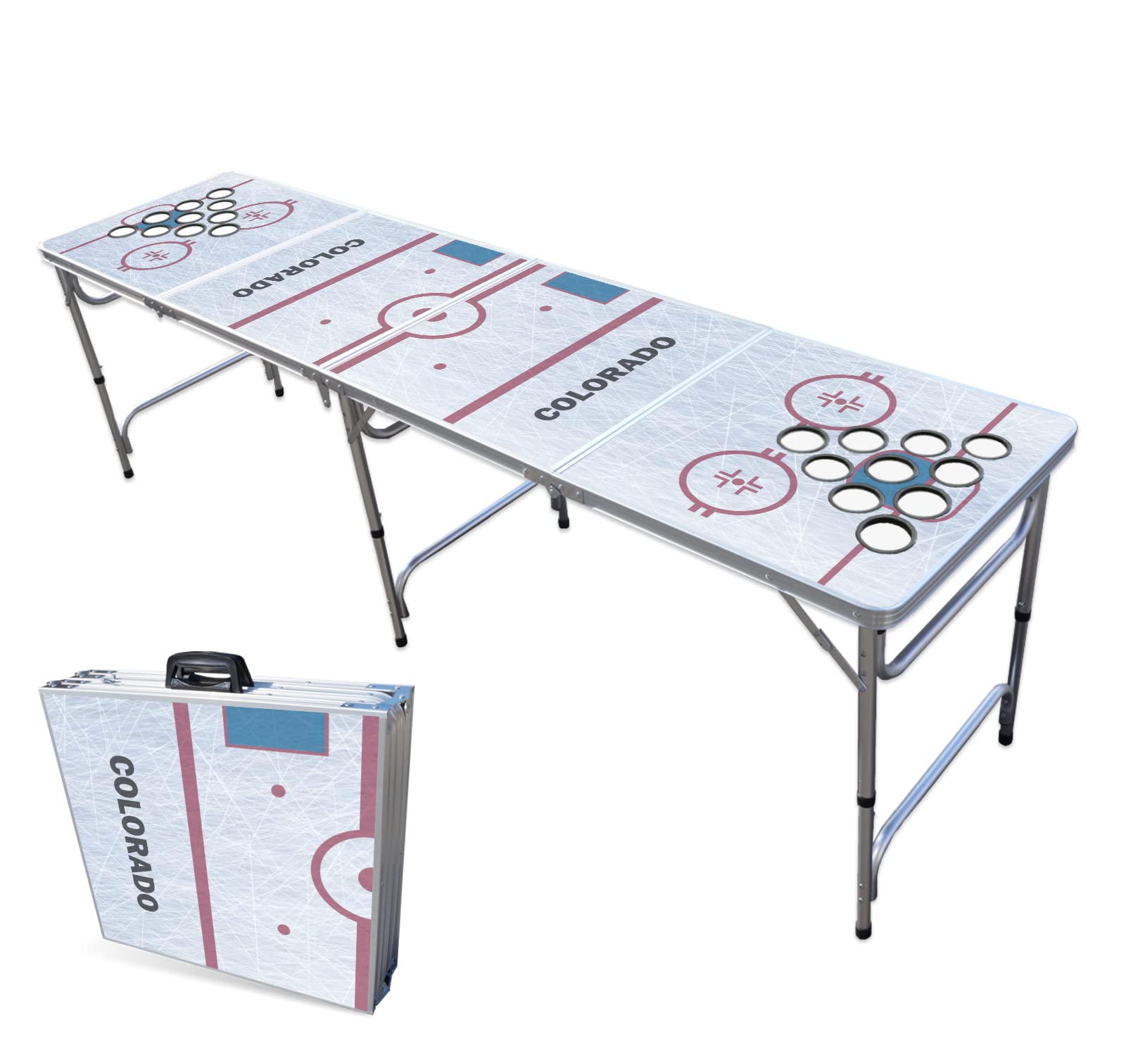 8-Foot Folding Portable Beer Pong Table with LED Lights & Optional Cup Holes - Colorado Hockey Rink Design - Perfect for Parties, Tailgates & College Events (Choose Your Model)