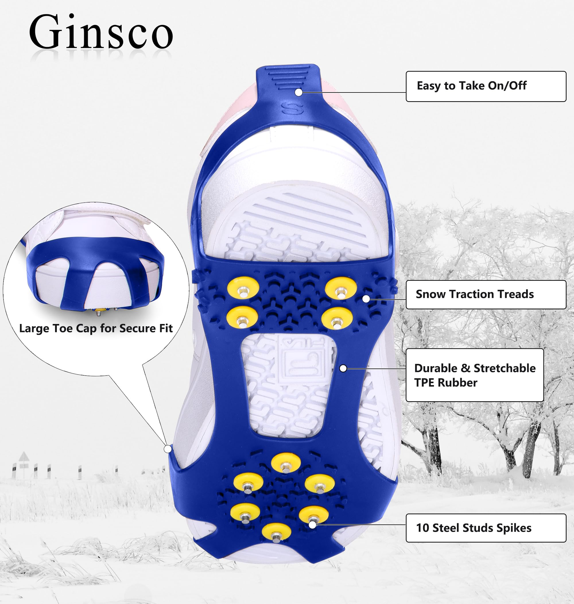 Ginsco Anti-Slip Ice Cleats for Winter Boots & Shoes - Traction Crampons for Men, Women & Kids - Perfect for Hiking, Walking, Jogging on Snow & Ice