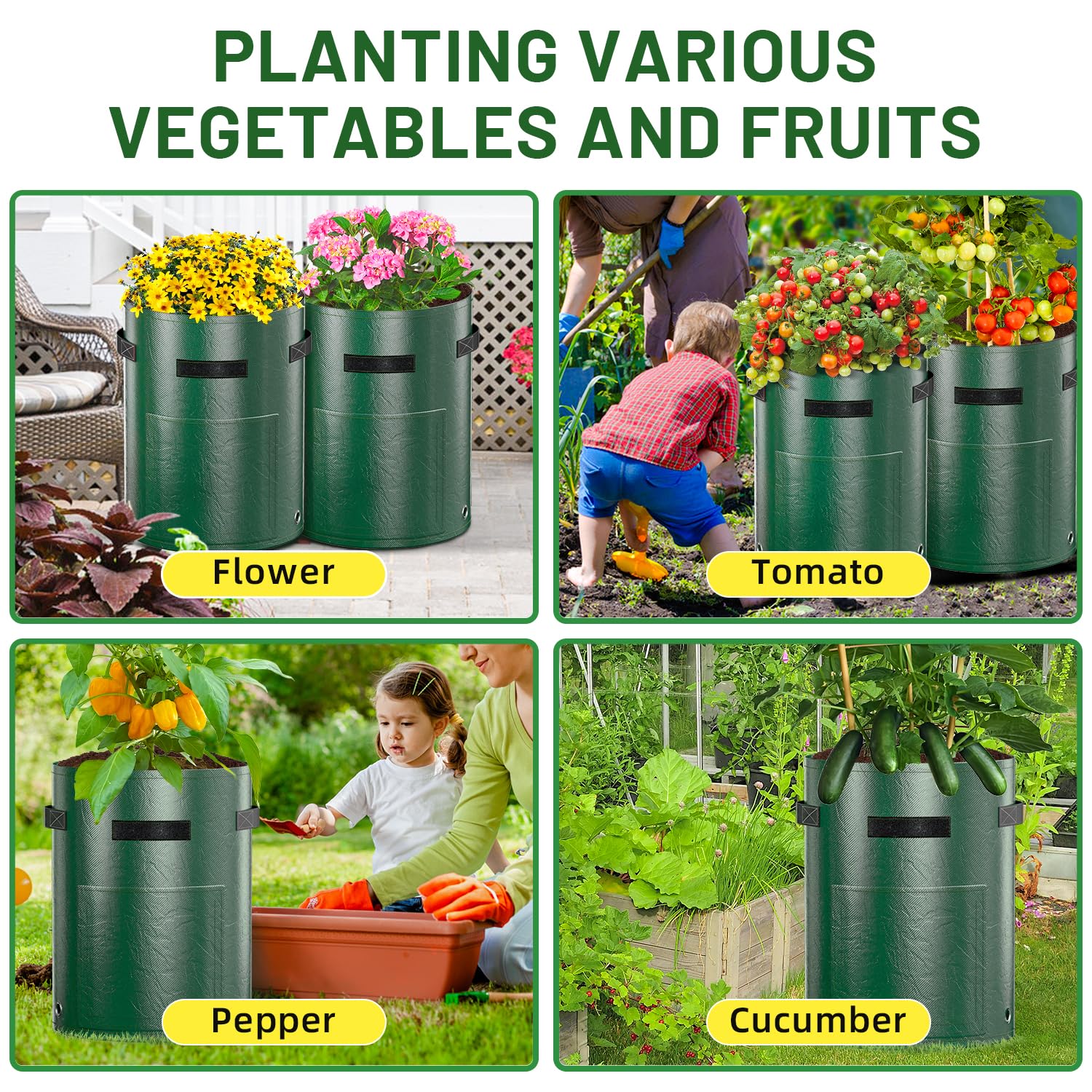 10 Gallon Potato Grow Bags 4 Pack - Breathable Fabric Plant Bags with Viewing Window & Drainage Holes - Ideal for Growing Potatoes, Carrots, Onions, Tomatoes - Perfect for Home Gardening, Balcony Planting & Urban Farming (Green)