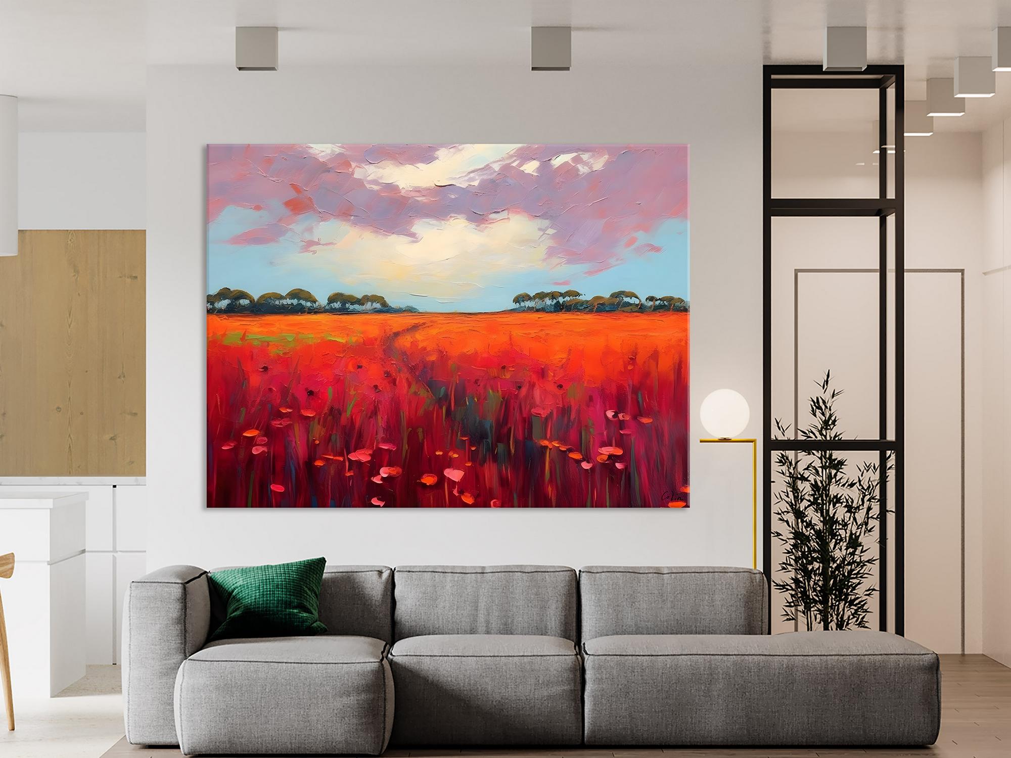 Abstract Acrylic Landscape Canvas Painting - Red Poppy Flower Field Wall Art for Living Room Decor | Modern Home & Office Wall Decor