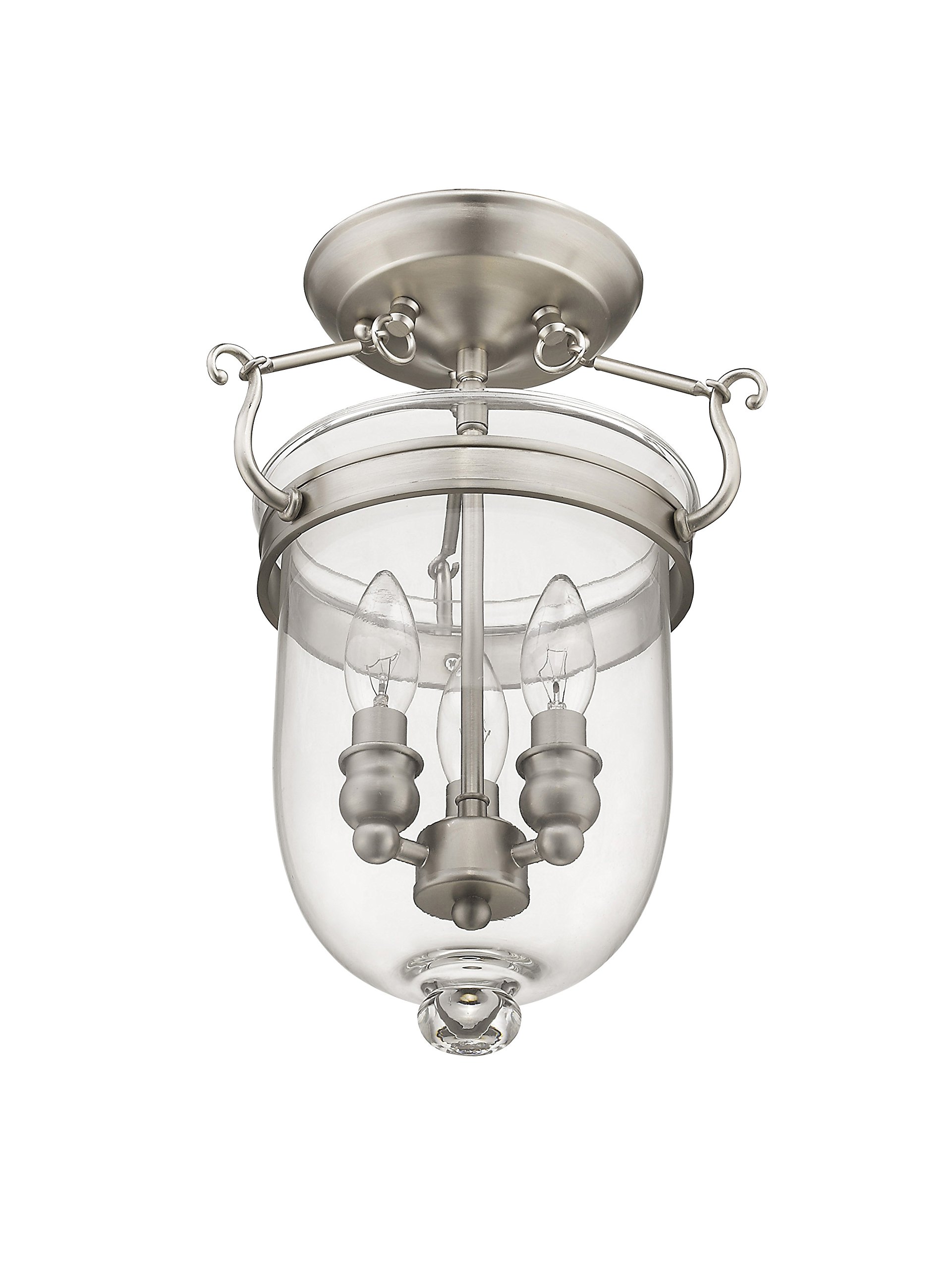 Livex Lighting Jefferson 3-Light Brushed Nickel Semi-Flush Mount Bell Jar Ceiling Fixture with Clear Glass Shades - Perfect for Dining Room, Bedroom, or Entryway Lighting