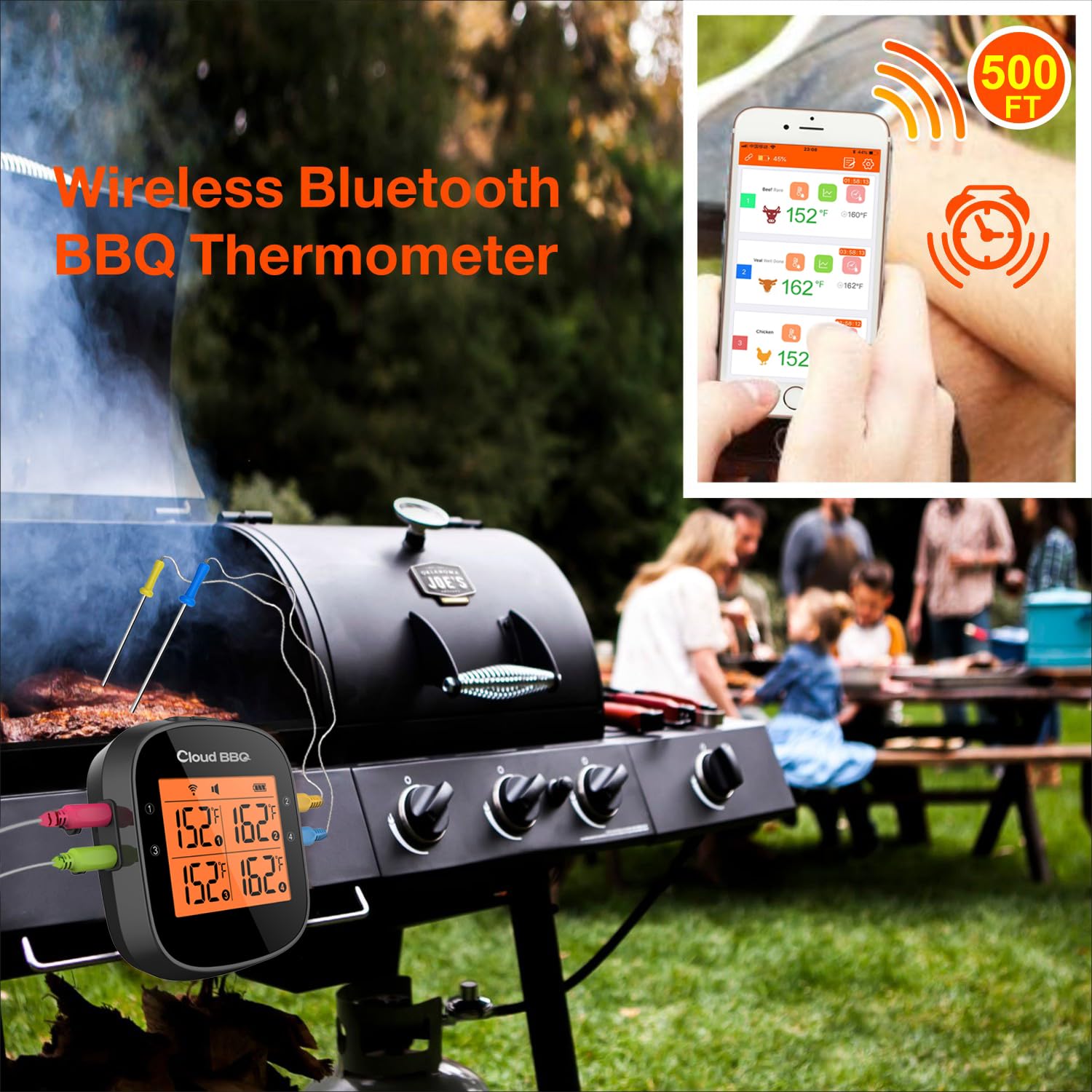 500FT Wireless Bluetooth Meat Thermometer with 4 Probes - Digital Kitchen Cooking Thermometer for Grilling, Smoking, Oven & BBQ - Perfect for Backyard Cookouts, Camping & Home Chefs (FS-52)