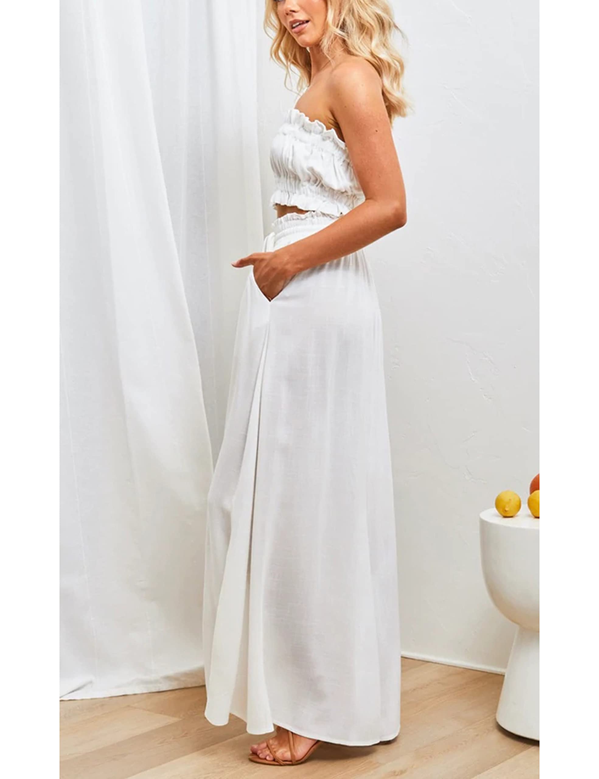 Hooever Women's Wide Leg Palazzo Pants - Flowy Drape Ruffle Drawstring Waist Casual Lounge Pants for Work, Travel & Yoga