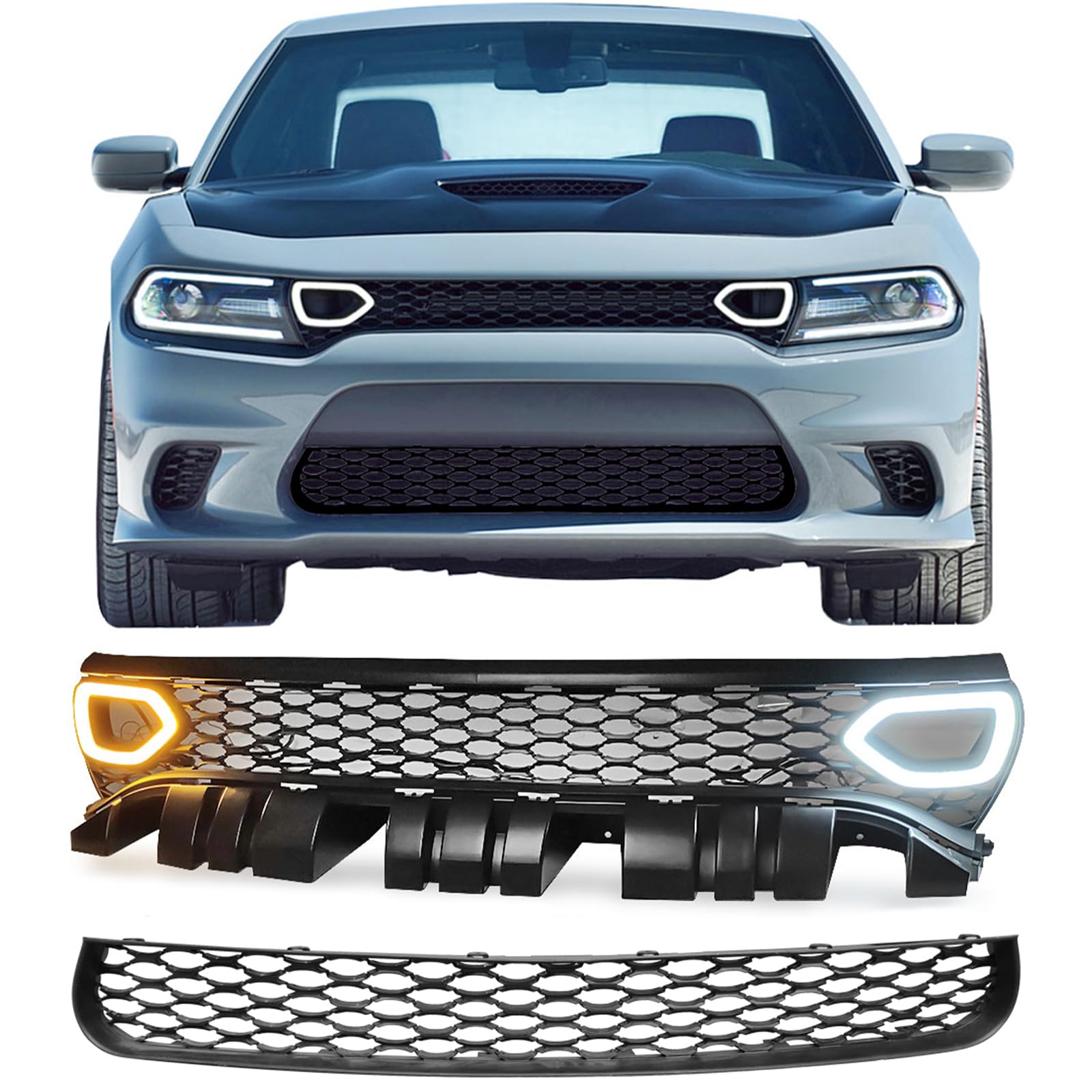 IKON MOTORSPORTS Upper & Lower Grilles with LED Lights for 2015-2023 Dodge Charger | SRT Style Front Grille with Air Ducts | Perfect for Car Enthusiasts & Custom Upgrades (2015-2023 Models)