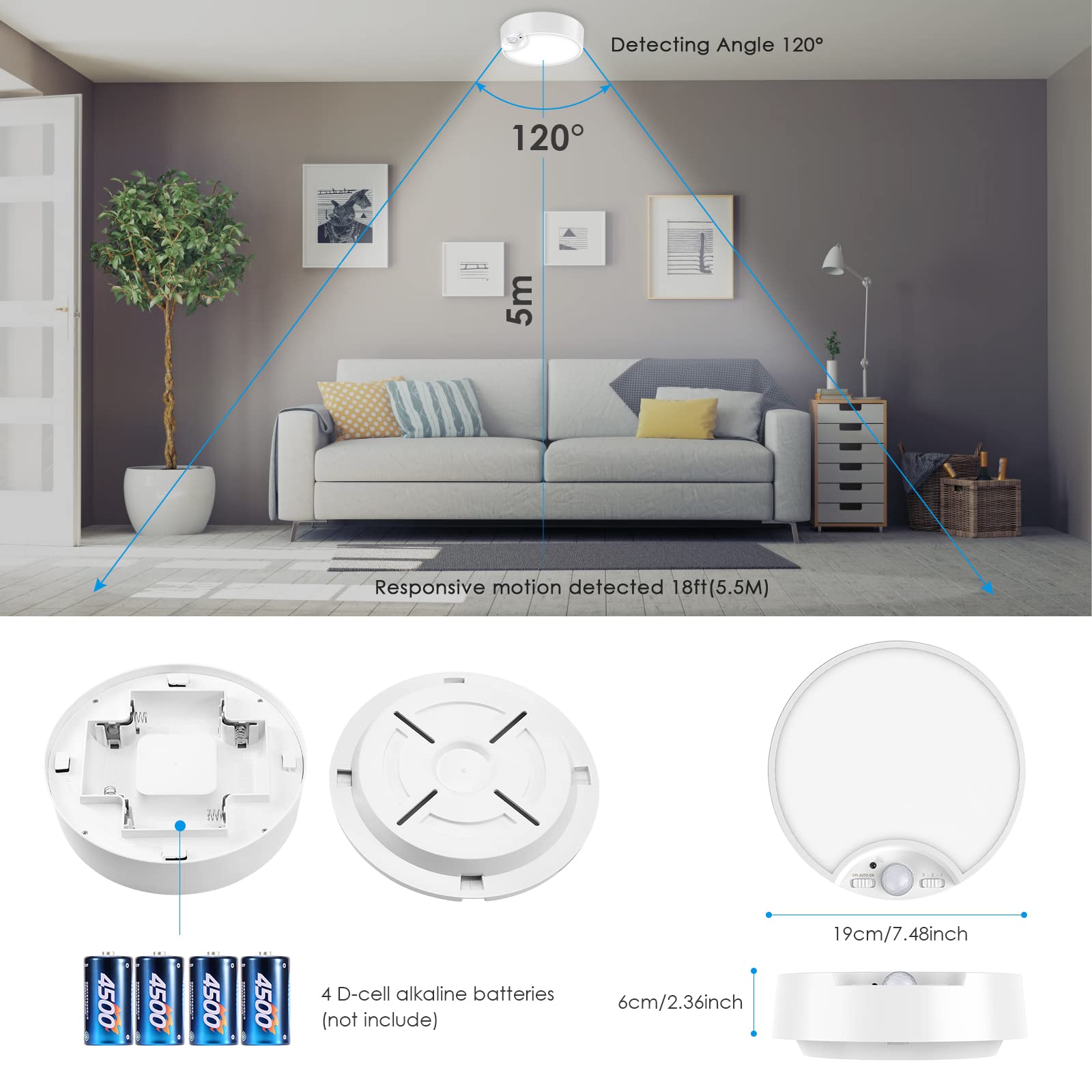 AMIR 7.48 Inch Motion Sensor Ceiling Light - Battery Operated LED Light (300LM) for Bedroom, Bathroom, Stairs, Hallway, Basement, Garage, Closet & Pantry - Energy Saving Automatic Light for Home & Storage Rooms