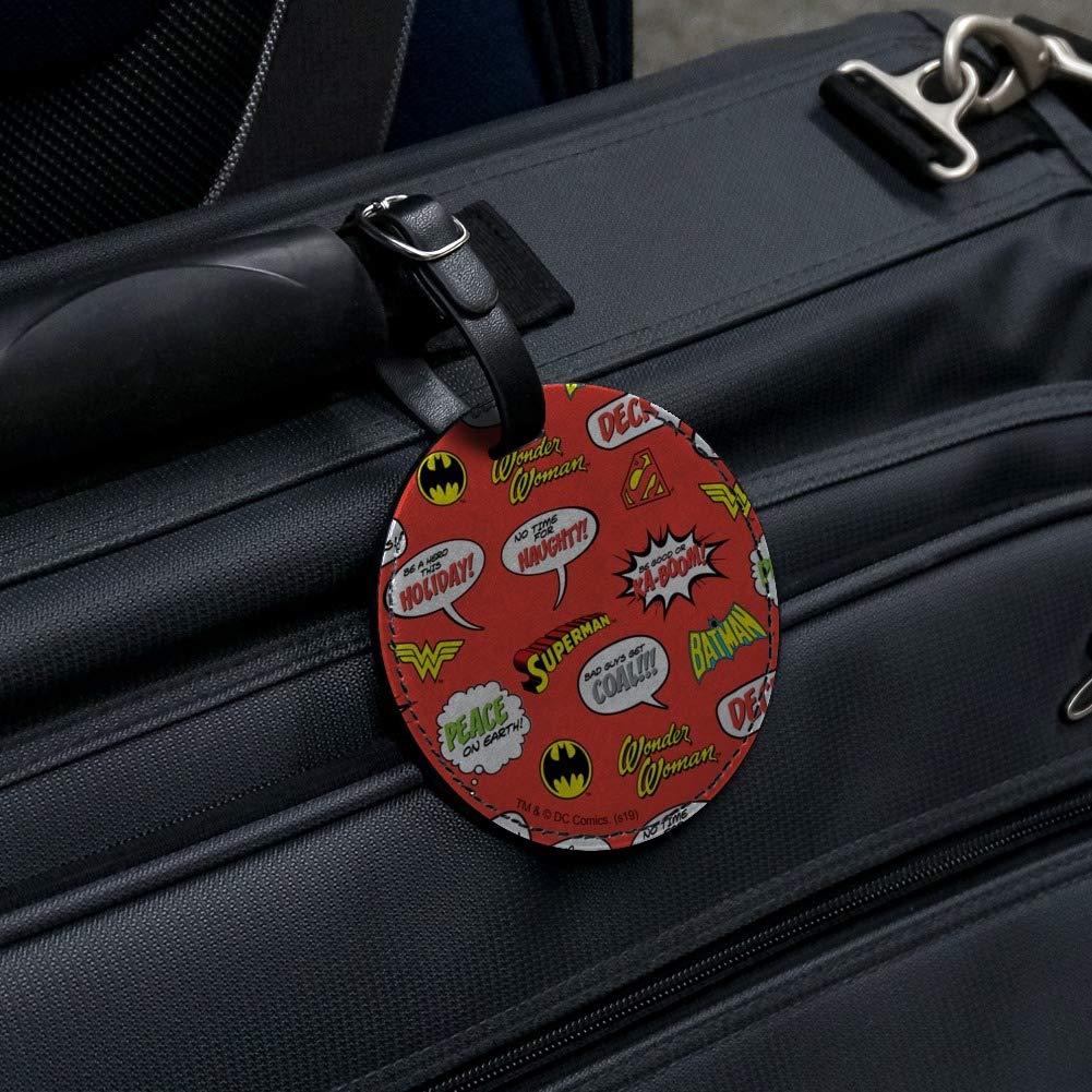 Justice League Superhero Speech Bubbles Pattern Round Leather Luggage Tag - Comic Book Inspired Travel ID Card Holder for Suitcases, Backpacks & Carry-On Bags