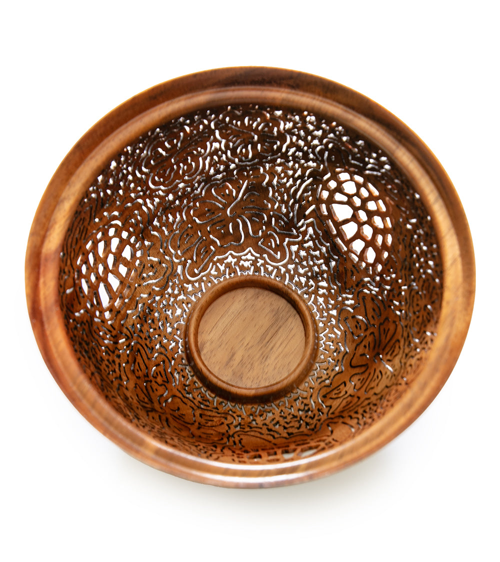 Handcrafted Pierced Koa Wood Bowl with Honu Turtle & Hibiscus Design by Patrick & Peggy Bookey - BOOP42219 - Perfect for Hawaiian Home Decor, Wedding Gifts & Tropical Table Centerpieces