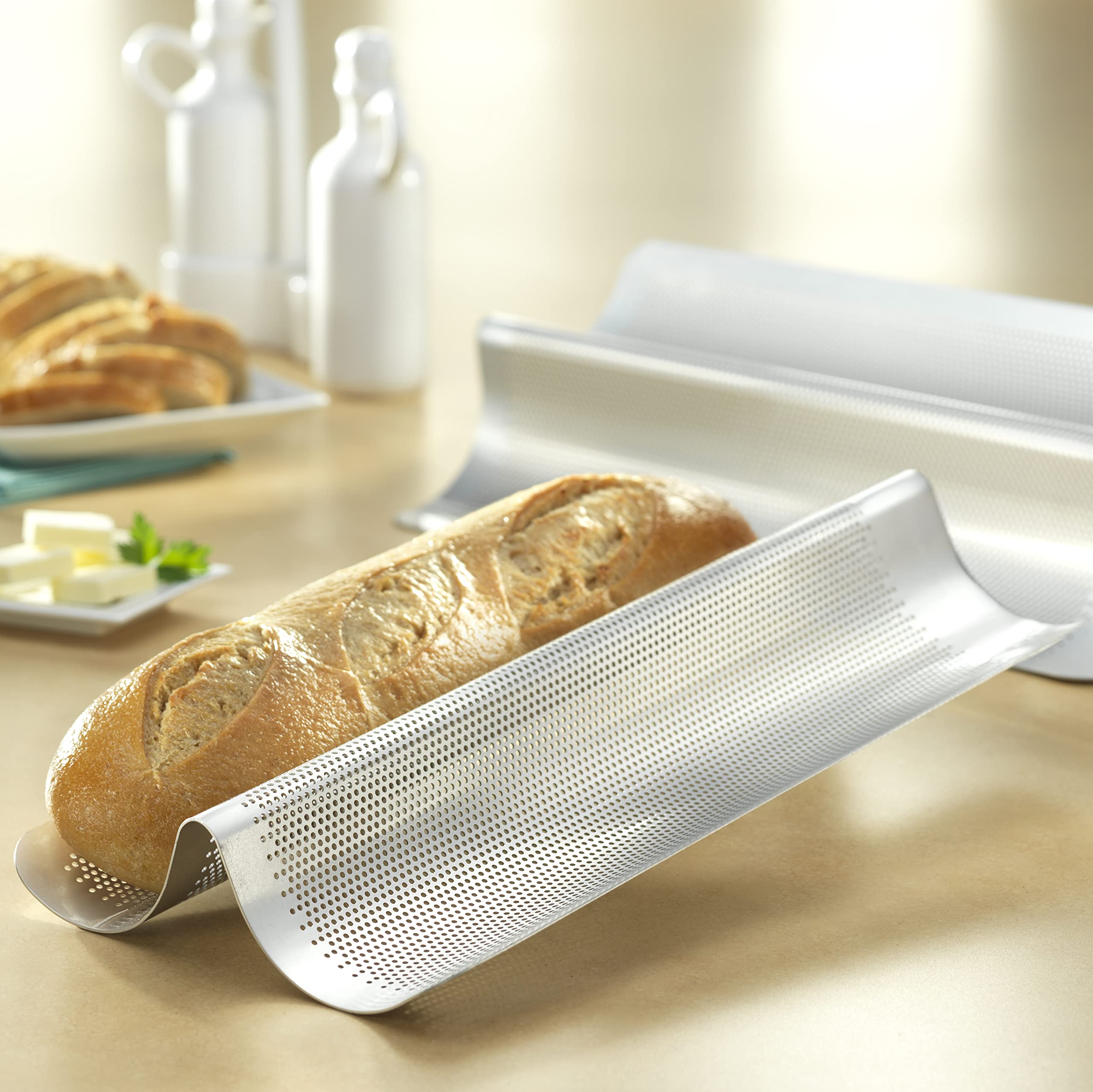 USA Bakeware Aluminized Steel Perforated Italian Loaf Pan - 2-Well Nonstick Bread Baking Pan for Perfect Homemade Bread | Ideal for Artisan Loaves, Sourdough & French Bread Baking
