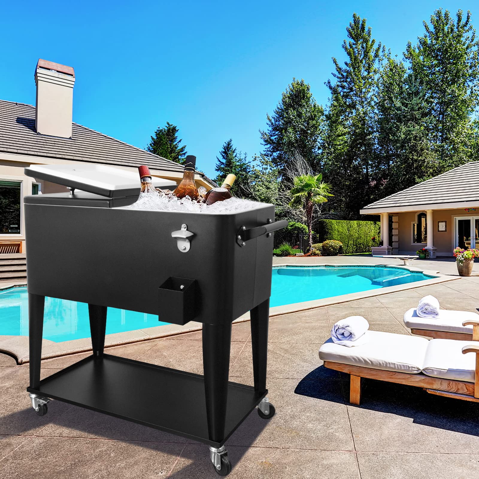 Nattork 80 Quart Rolling Cooler with Wheels - Portable Outdoor Beverage Cooler Cart for Backyard, Deck, Camping & Tailgating - Insulated Ice Chest with Shelf, Water Pipe & Bottle Opener - Perfect for Picnics, BBQs & Outdoor Parties