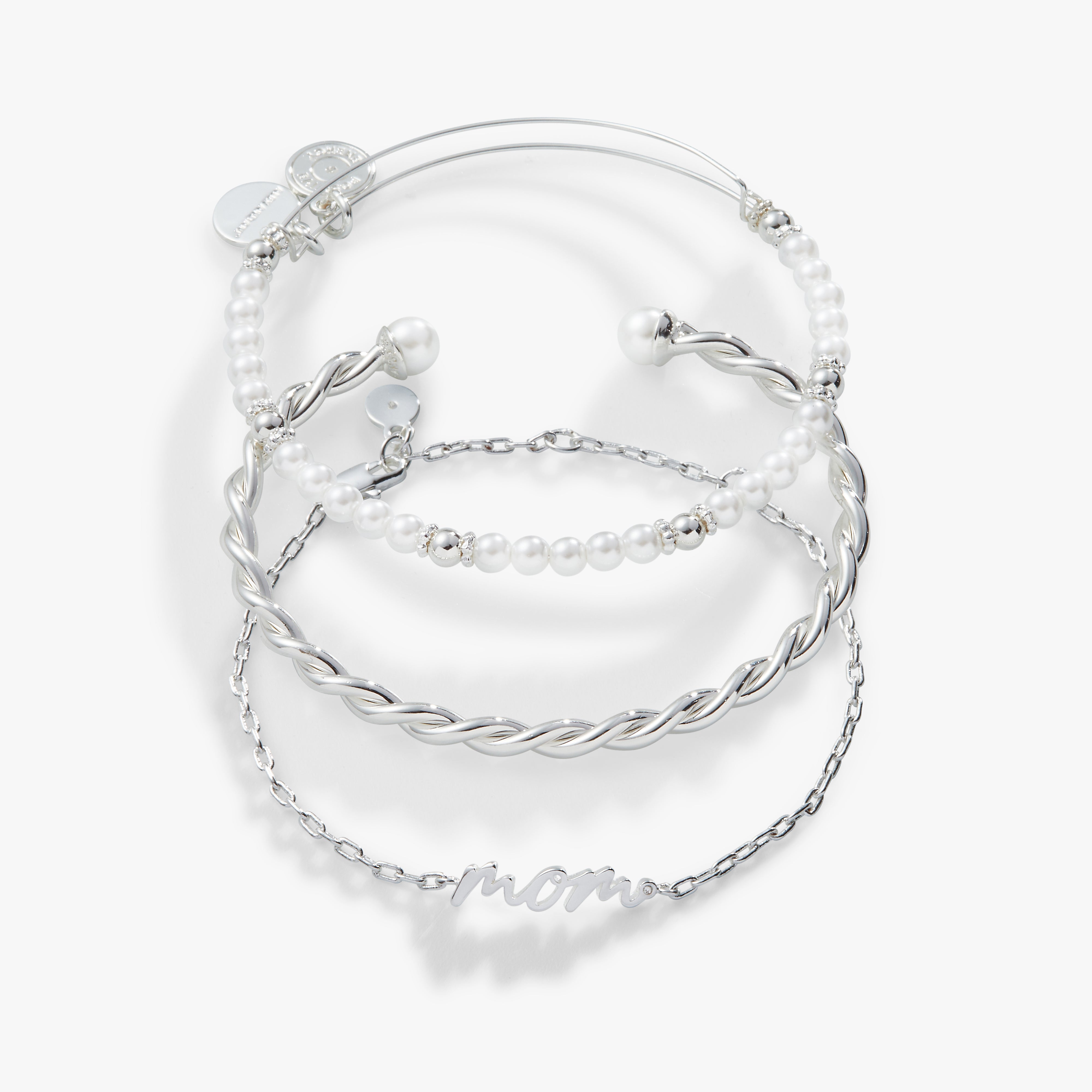 Mom Script Bracelet Set of 3 - Sterling Silver Personalized Name Bracelets for Women - Perfect Gift for Mother's Day, Birthday & Anniversary