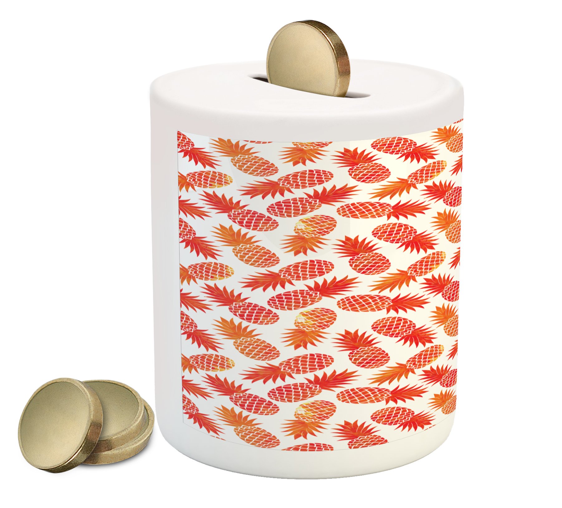 Ambesonne Vintage Tropical Pineapple Ceramic Piggy Bank - Orange & White Money Box for Cash Savings | Hawaiian Summer Design, Exotic Fruit Pattern | Perfect for Kids' Allowance, Home Decor, and Gift Giving