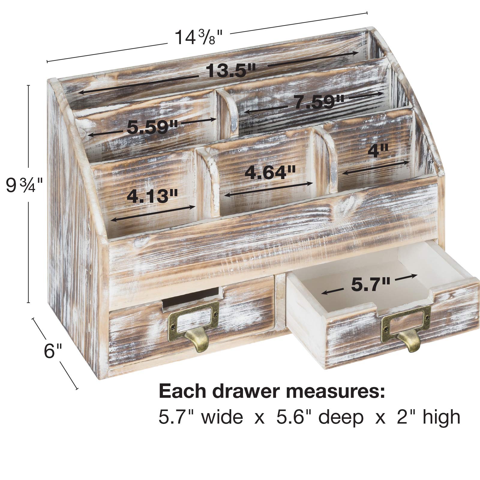 Distressed Wood Office Desk Organizer with 6 Compartments & 2 Drawers - Perfect for Organizing Pens, Notebooks, Mail, Folders & Office Supplies (Brown) | Ideal for Home Office, Workspace & Study Desk Organization