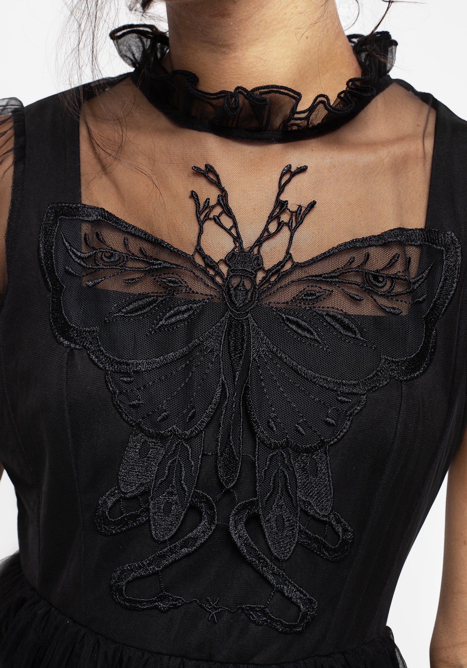Elegant Butterfly Applique Frill Neck Tulle Mini Dress for Women - Perfect for Parties, Weddings & Special Occasions