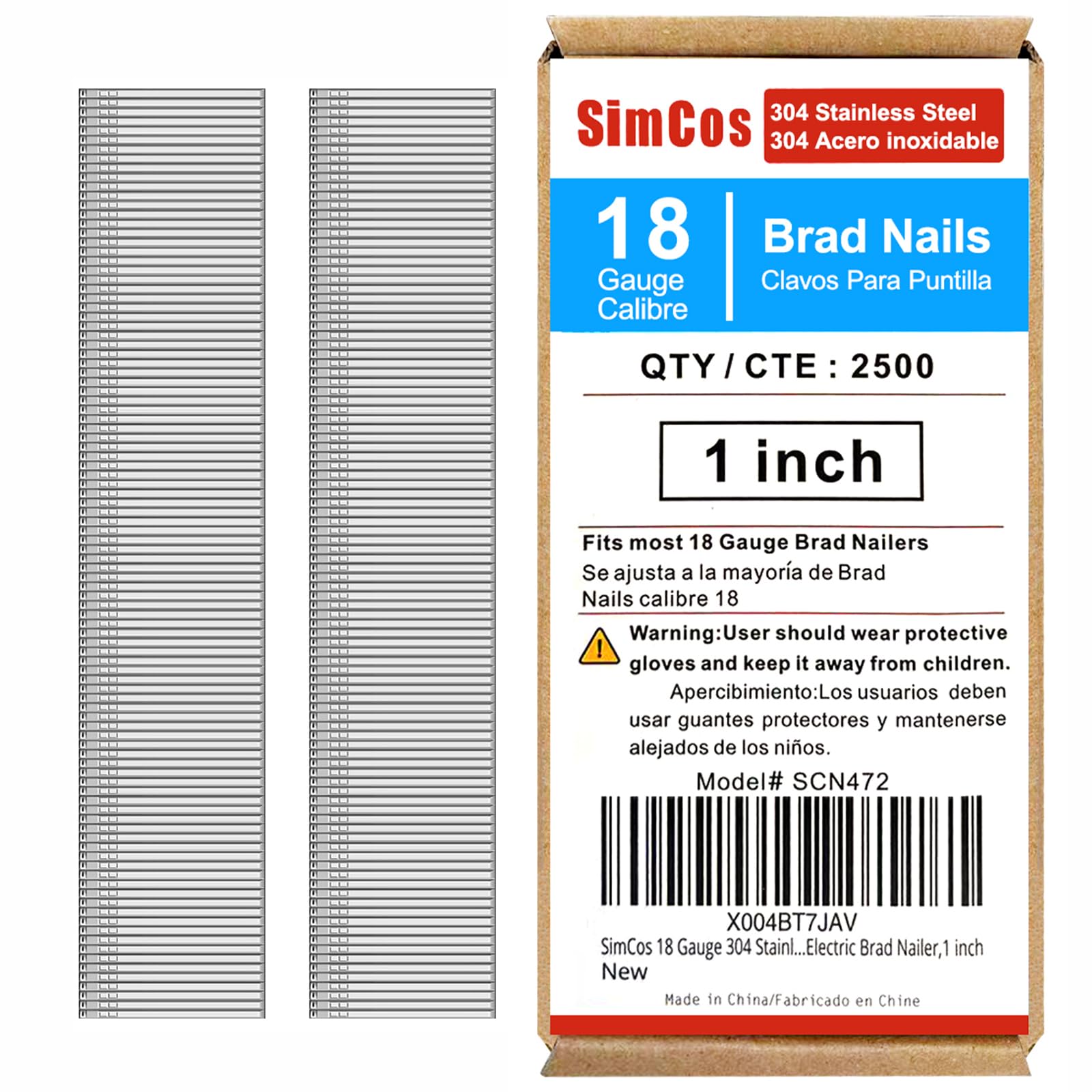 18 Gauge 304 Stainless Steel Brad Nails - 1 Inch (1000-Pack) for Pneumatic & Electric Nail Guns - Rust-Resistant Finishing Nails for Woodworking, Trim, and DIY Home Projects