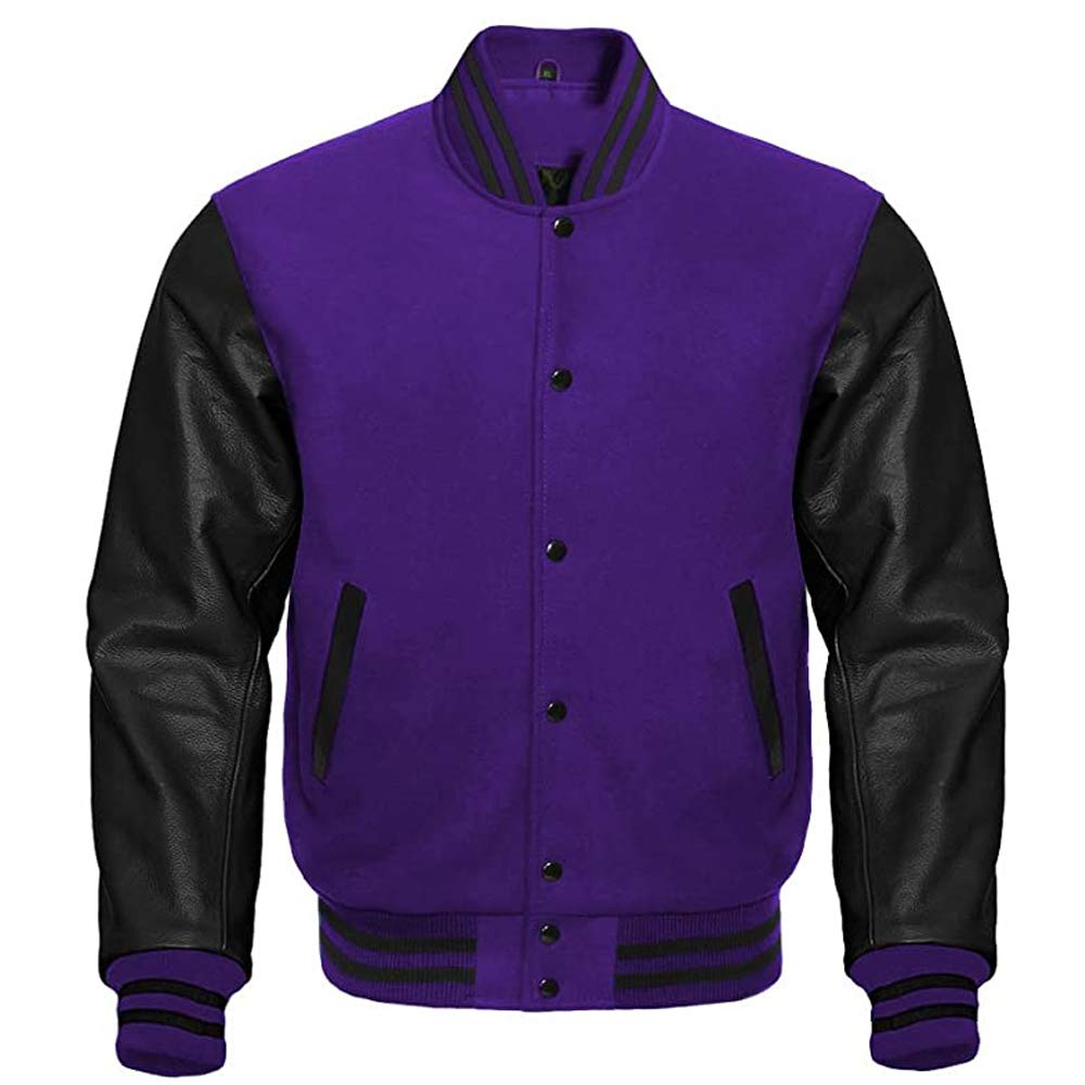 Premium Letterman Baseball Jacket for School & College - Purple Wool Body with Black Cowhide Leather Sleeves - Varsity Style Outerwear for Sports Teams, Graduation & Casual Wear