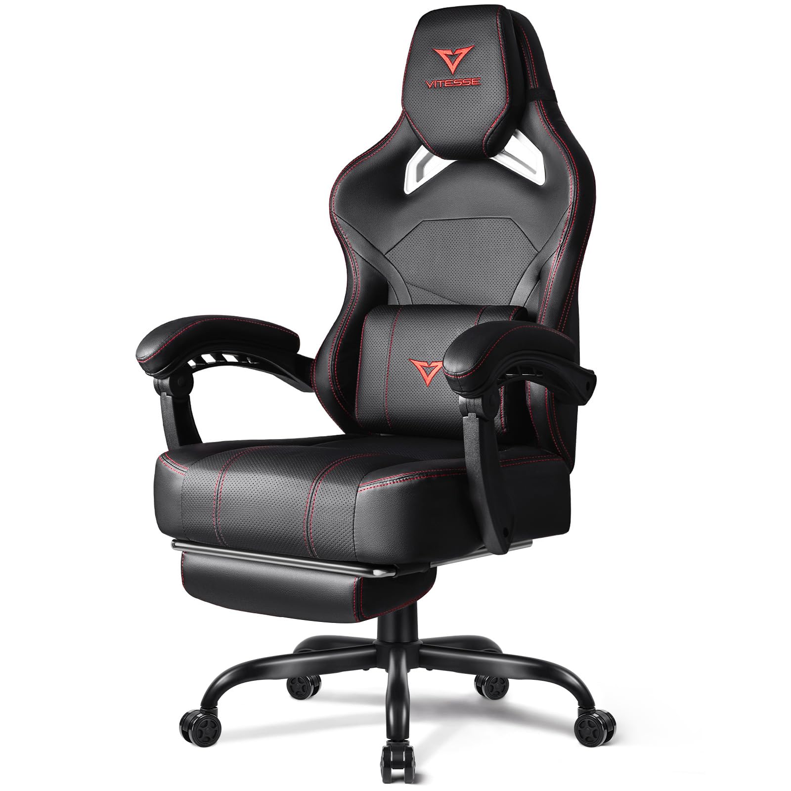 VITESSE Big and Tall Gaming Chair 400lb Weight Capacity - Ergonomic Office Chair with Adjustable Footrest, Oversized Headrest & Lumbar Support - Heavy Duty Computer Gaming Chair for Adults (Black/Red) - Perfect for Long Gaming Sessions, Home Office & Esports