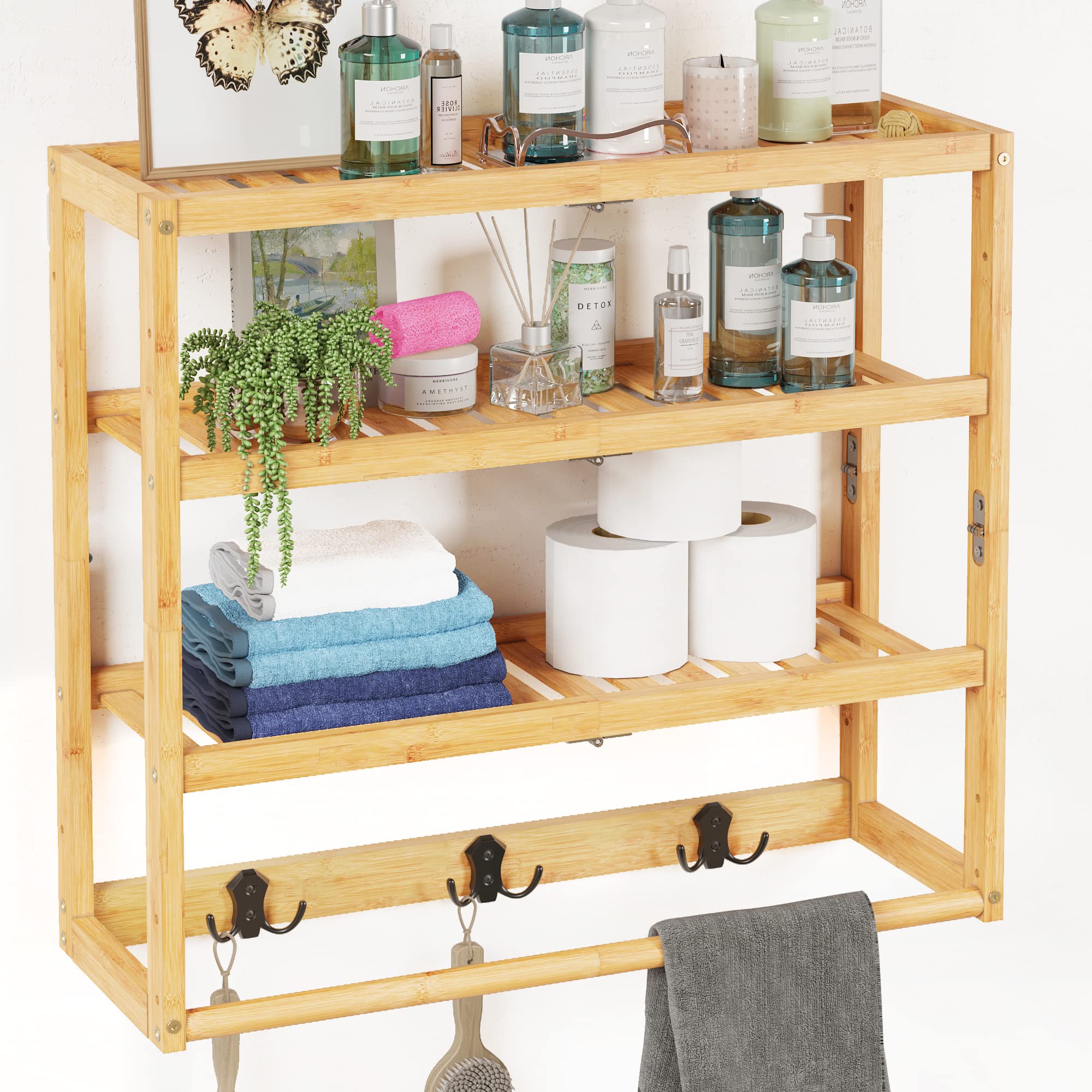AMBIRD 3-Tier 23 Inch Wide Bamboo Bathroom Shelf Organizer with Bar & Hooks - Adjustable Wall Mount Storage for Towels, Toiletries - Perfect for Bathroom, Living Room & Kitchen Organization