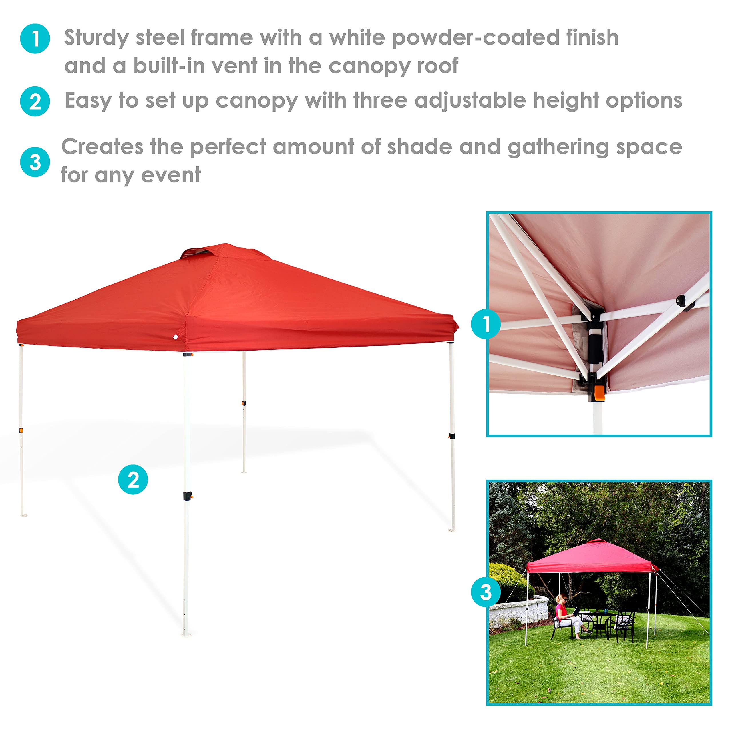 Sunnydaze 10x10 Foot Premium Pop-Up Canopy Tent with Rolling Carry Bag & Sandbags - Straight Leg Folding Shade Shelter - Red - Perfect for Outdoor Events, Beach, Camping, Picnics, and Backyard Parties