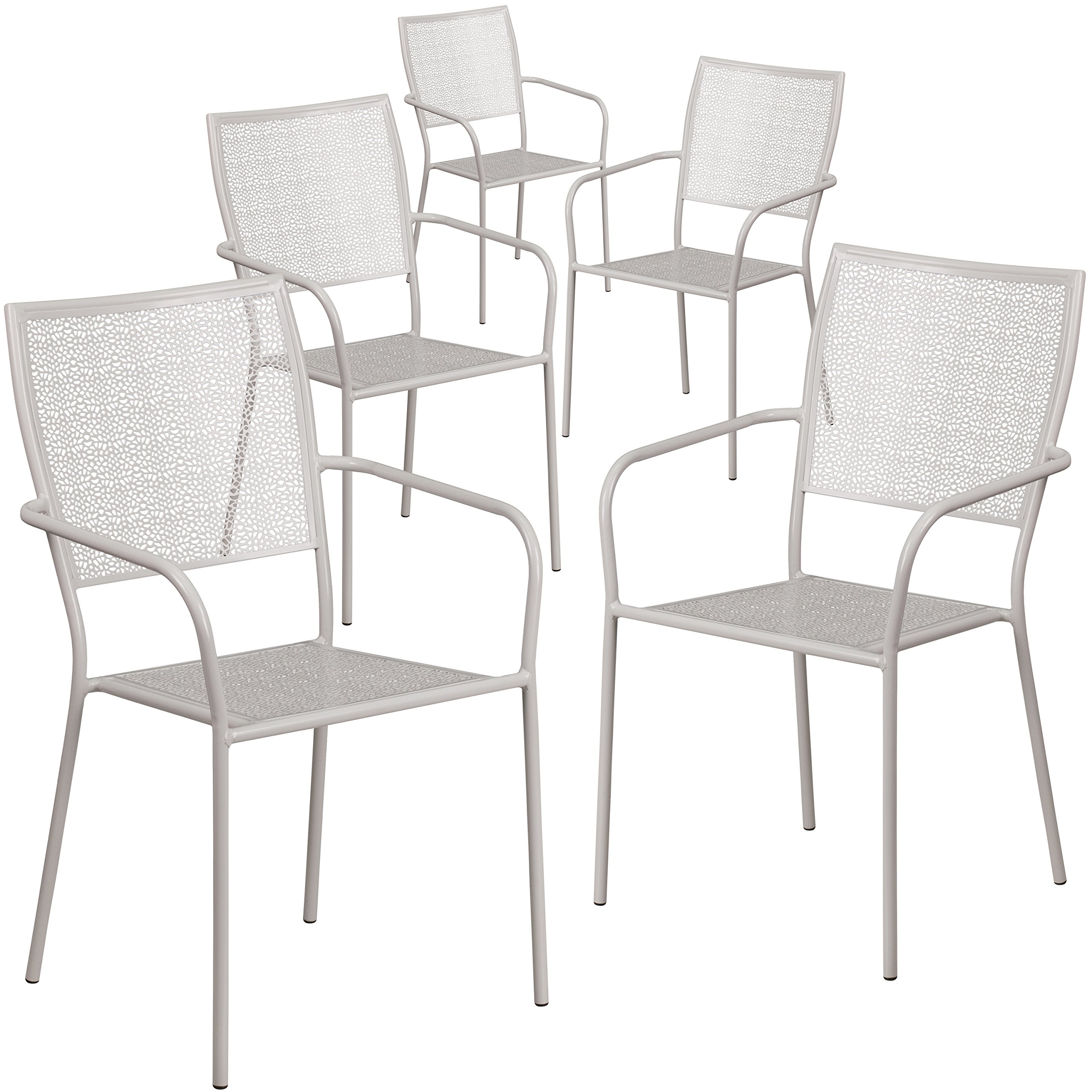 5 Pack Light Gray Steel Patio Chairs - Indoor Outdoor Square Back Bistro Dining Chairs - Perfect for Garden, Cafe, Restaurant & Home Decor