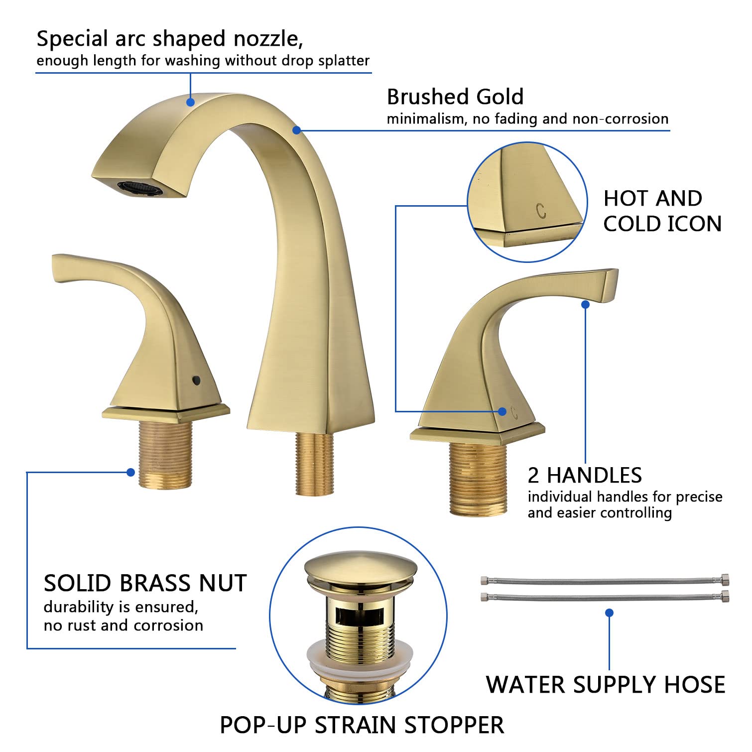 Brushed Gold Widespread Bathroom Faucet - 8 Inch 2-Handle Brass Sink Faucet for 3-Hole Lavatory with Pop-Up Drain & Supply Hoses | Perfect for Modern Bathroom Vanities & Guest Baths