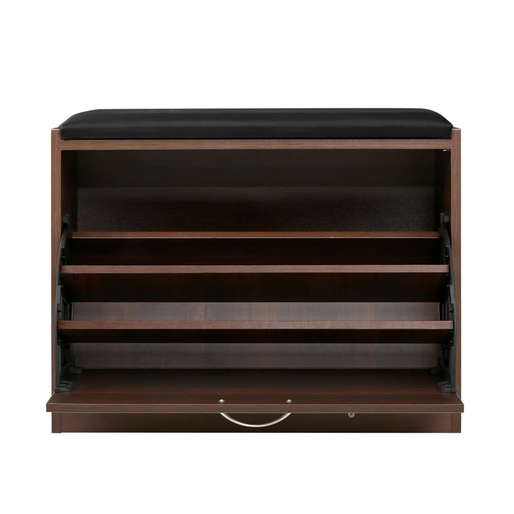 15-Pair Walnut Shoe Bench Cabinet - Entryway Shoe Storage Organizer for Hallway, Mudroom & Closet Organization