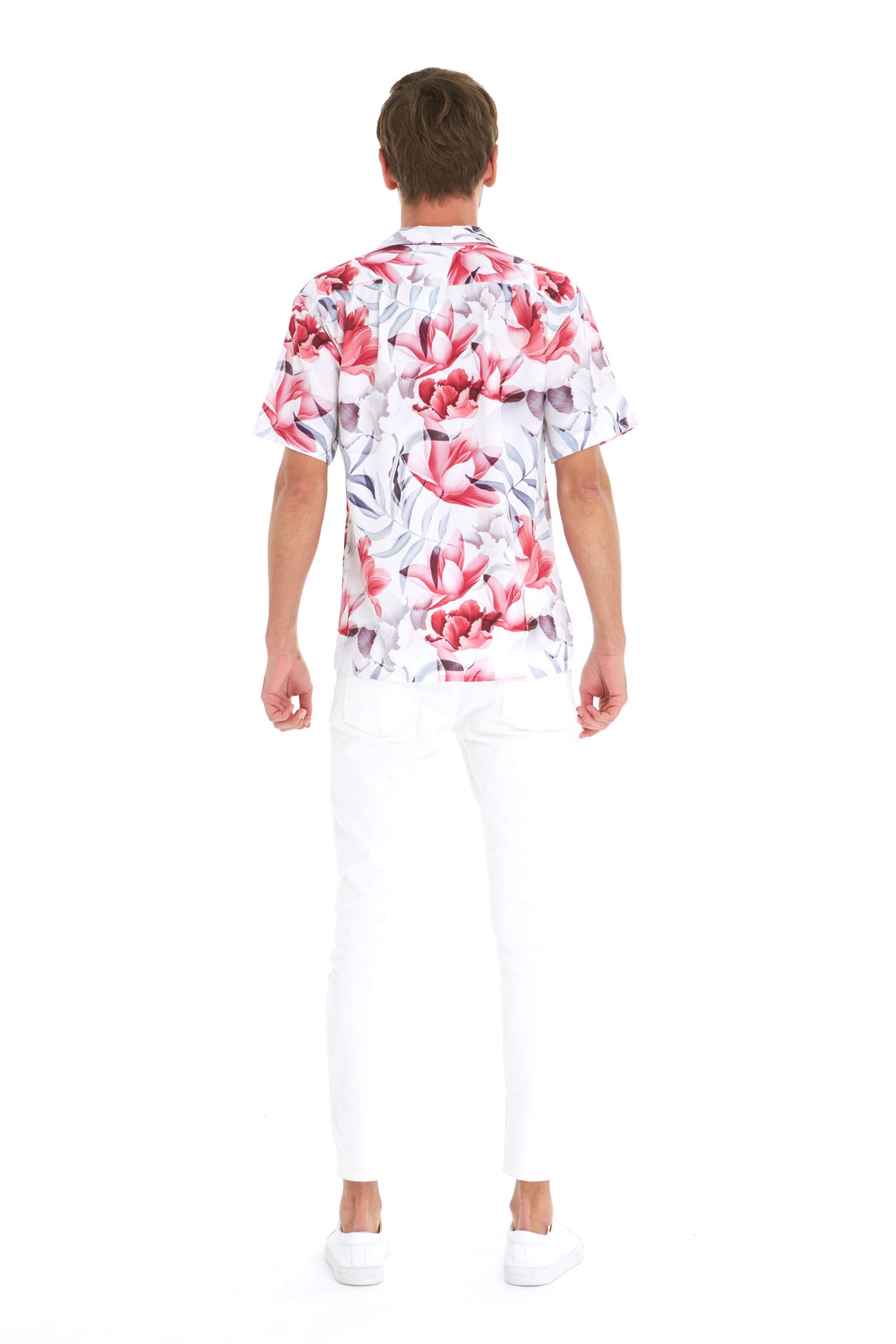 Stylish Matching Couple Hawaiian Luau Shirts & Mermaid Ruffle Dresses in Misty Lotus White - Perfect for Beach Vacations, Summer Parties & Tropical Getaways