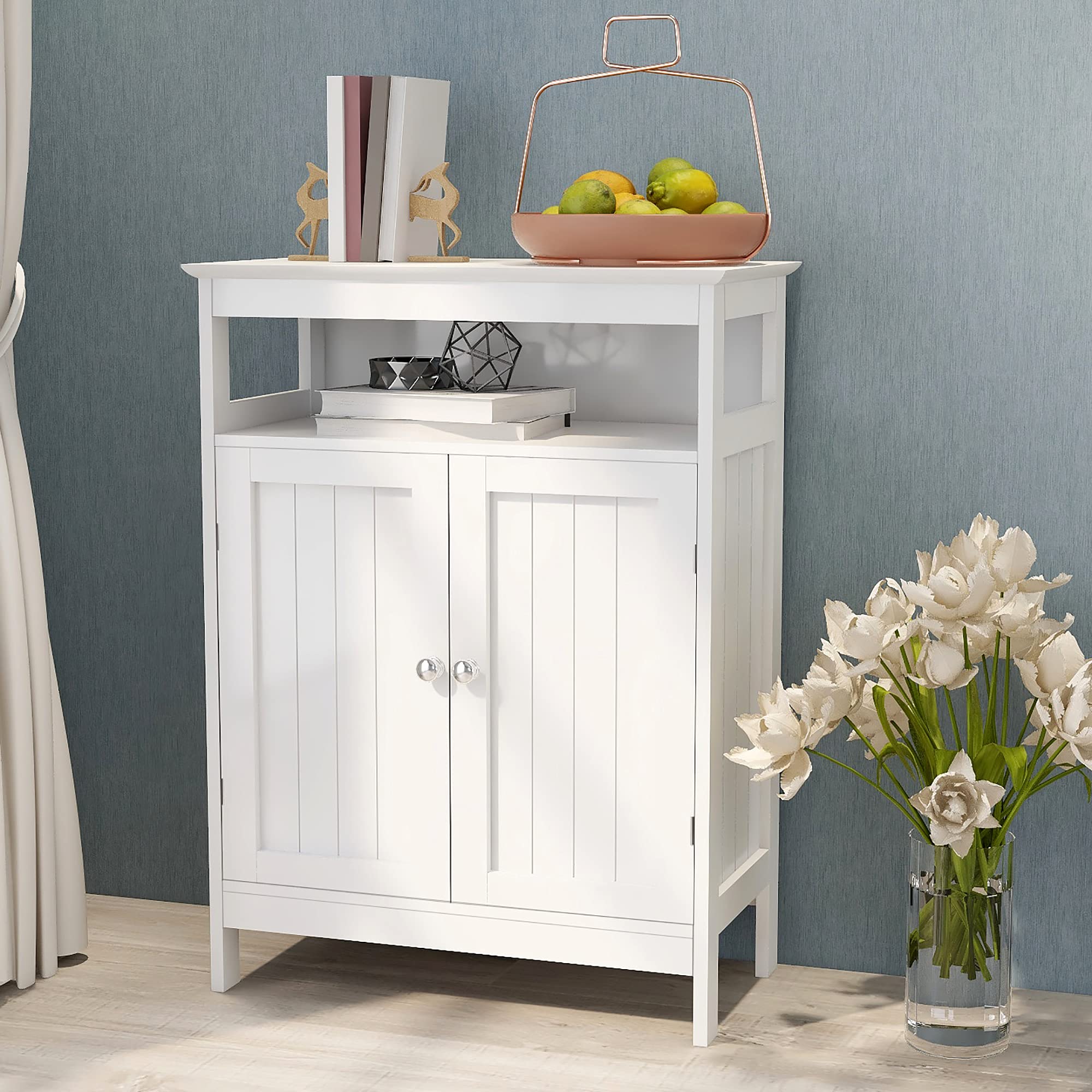 Modern White Wooden Floor Storage Cabinet with Shelves - Freestanding Bathroom, Kitchen, Living Room & Bedroom Organizer - Perfect for Bathroom Essentials, Pantry Items, and Home Decor Storage