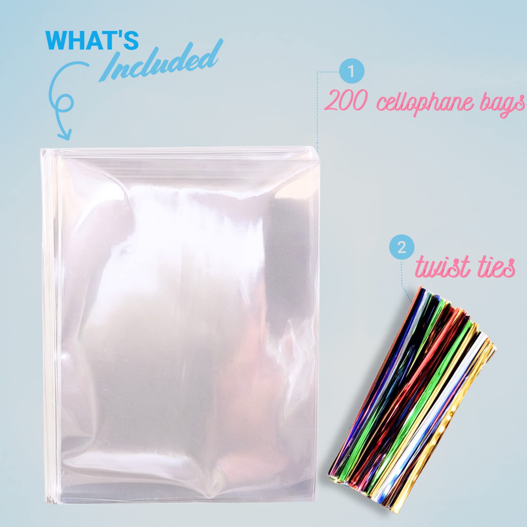 TATTI 200 Pack 4x9 Inch Clear Cellophane Bags with 5-Inch Twist Ties - Transparent Party Favor Bags for Candy, Treats, Cookies & Gifts - Perfect for Birthday Parties, Baby Showers, Wedding Favors & Holiday Gift Wrapping