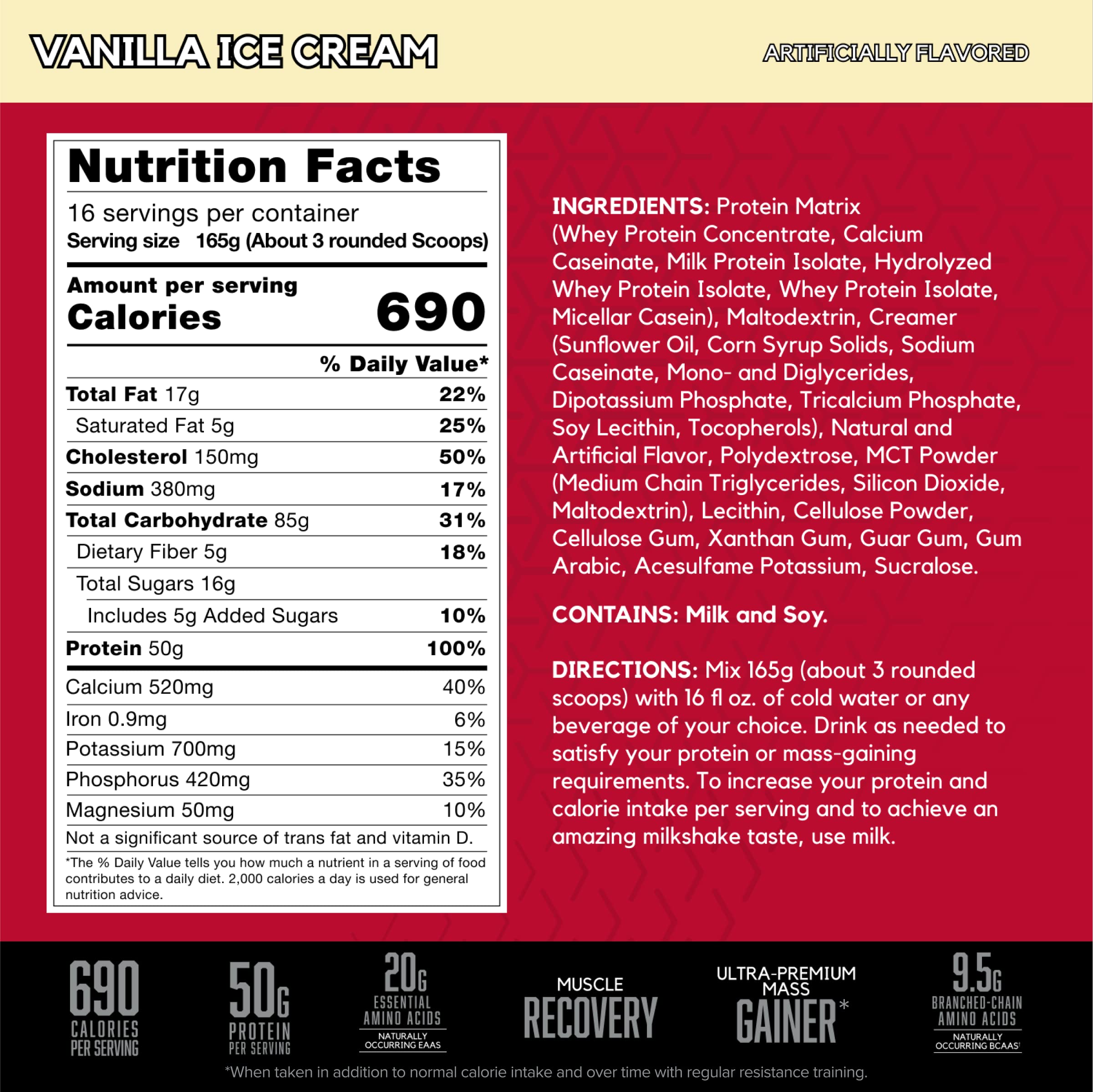 BSN TRUE-MASS Weight Gainer Protein Powder - Vanilla Ice Cream Flavor, 5.82 lbs - Muscle Mass Builder for Athletes & Bodybuilders - Post-Workout Recovery & Weight Gain Supplement