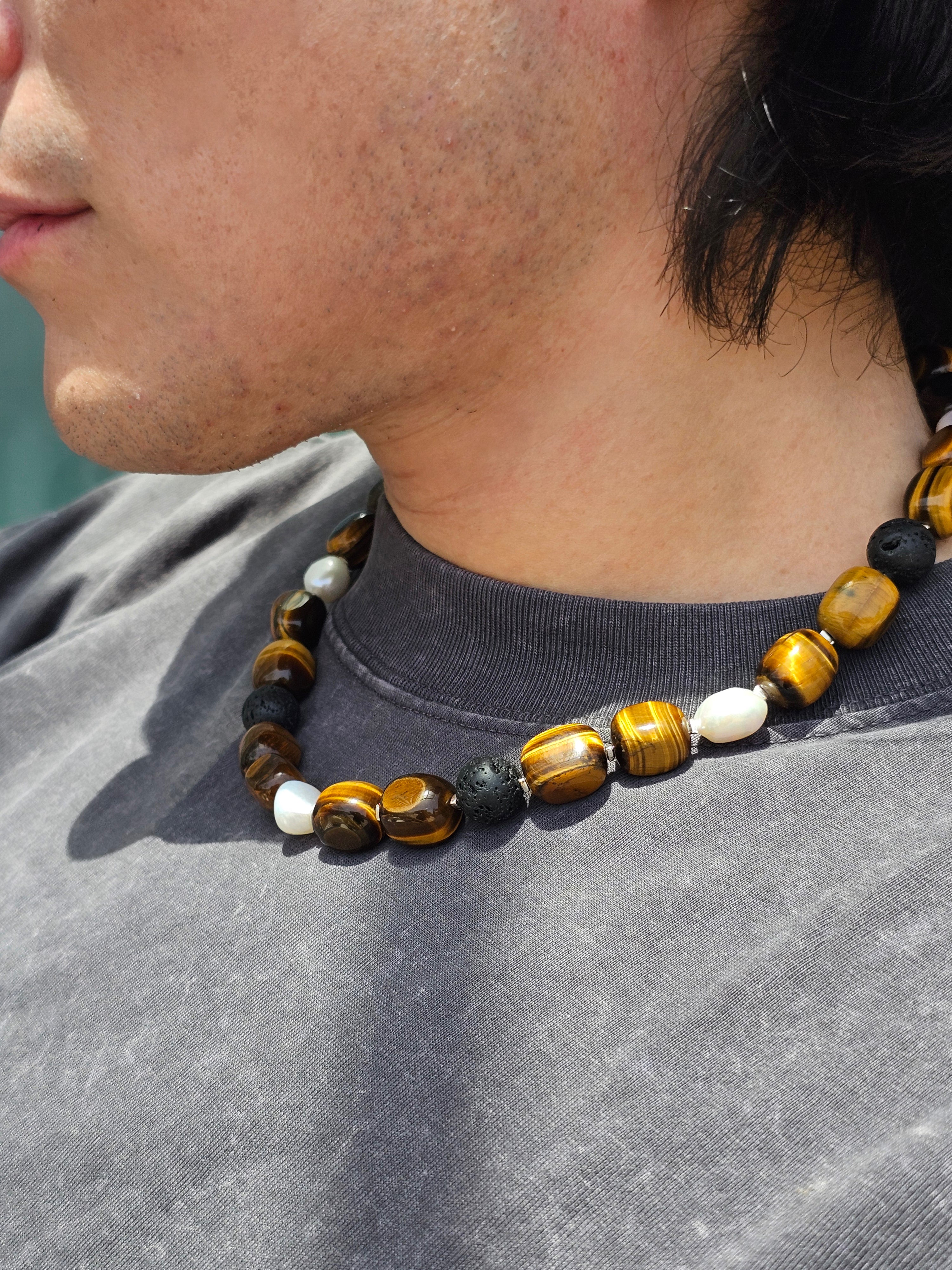 Natural Tiger Eye Stone & Freshwater Pearl Men's Necklace - Spiritual Healing Jewelry for Men - Perfect Gift for Birthday, Anniversary & Special Occasions